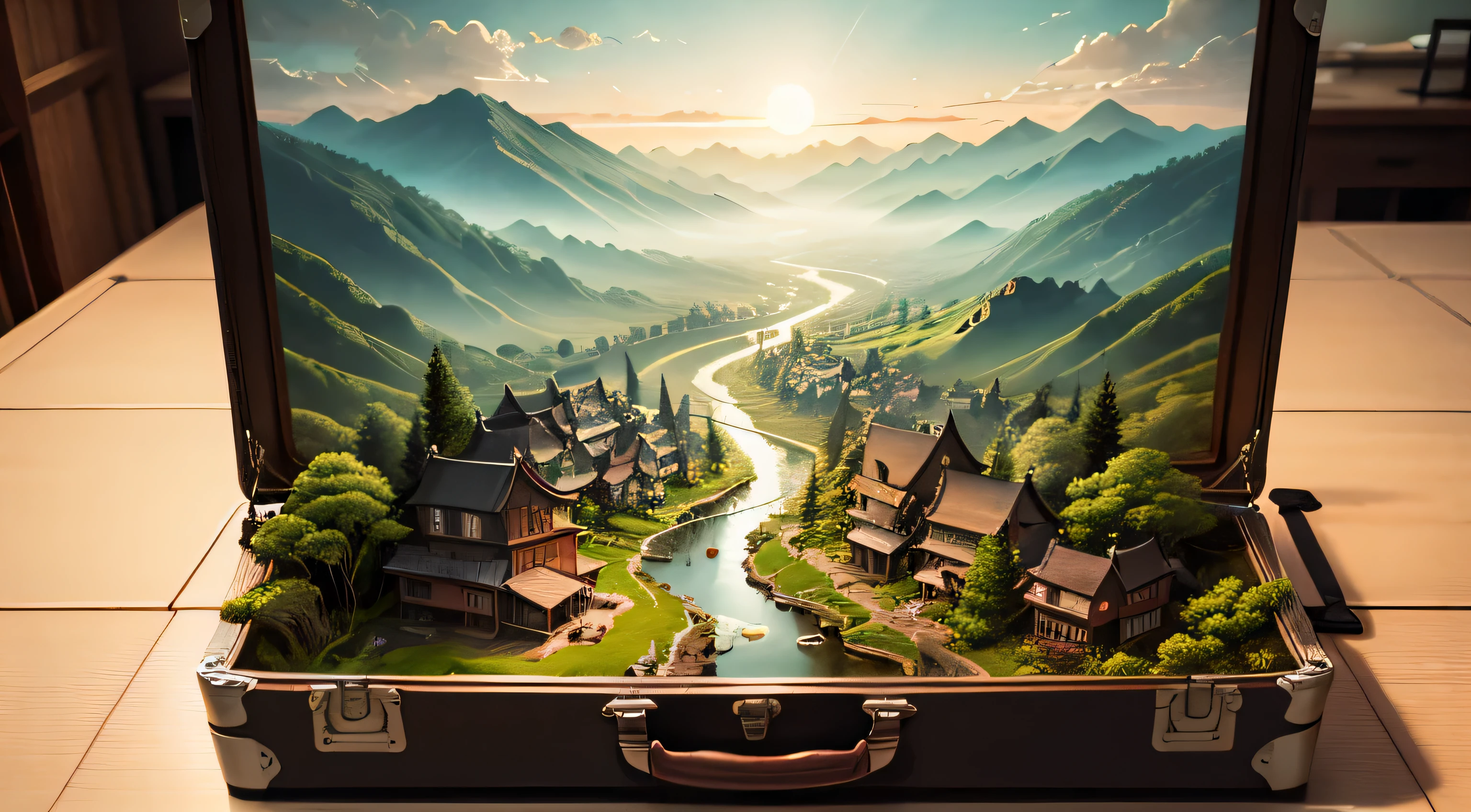 an open suitcase(Inside the suitcase is an intricate miniature landscape of a rural Chinese town.), Oliva ambient light, On a table, 4KUHD, dark ambiance, ultra - detailed, Terrazzo，There are small towns，terraced，ricefield，There are mountains and waters，フォトリアリスティック，真实感，Bright color forest background, Epic work,