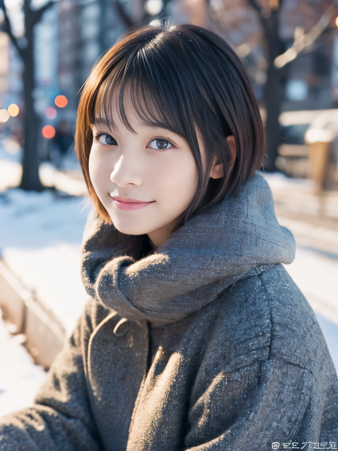 Photorealsitic, 8K, Full body portrait, Beautuful Women, A charming expression, Shorthair, , TOKYOcty, Winters, Shibuya in the background