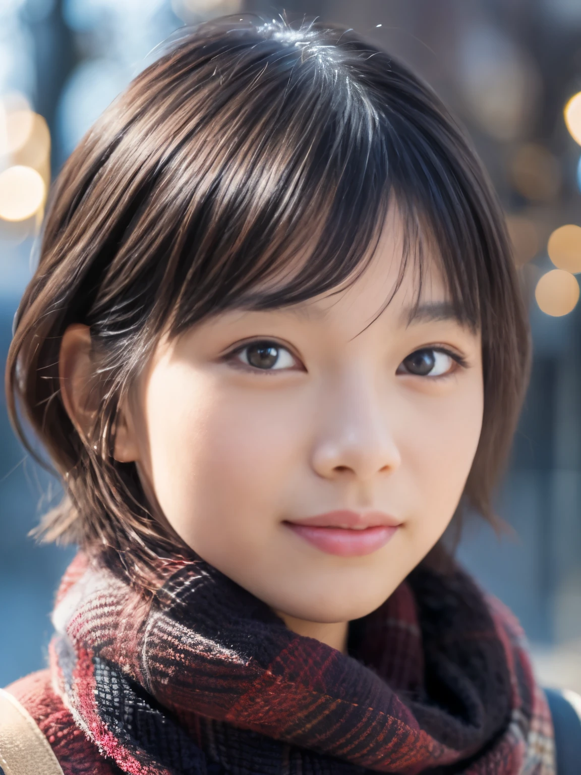 Photorealsitic, 8K, Full body portrait, Beautuful Women, A charming expression, Shorthair, sixteen years old, TOKYOcty, Winters, Shibuya in the background
