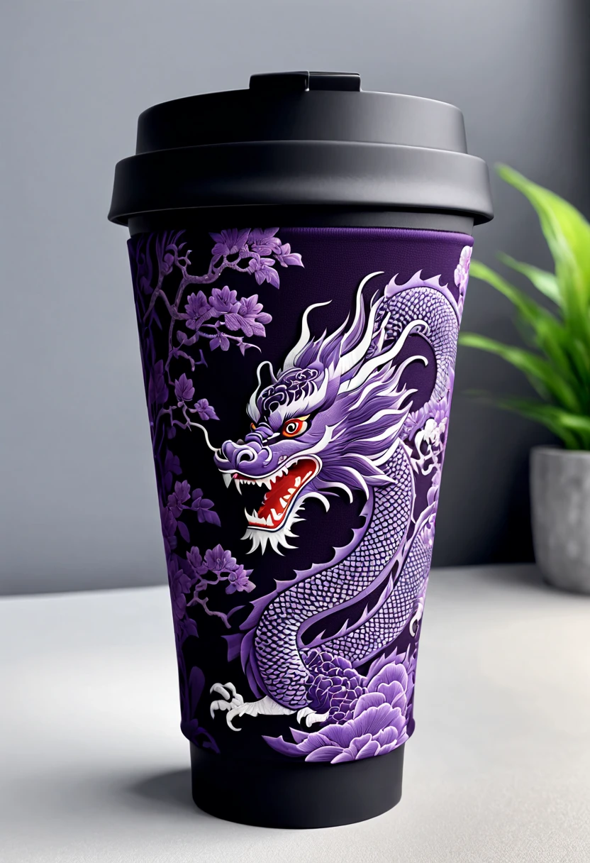 A plastic cup with a ground glass effect,Put this  sleeve on the outside, The  case is printed with the patterns of traditional Chinese clothing., Printed with majestic Chinese dragon embroidery pattern, The overall main color of the  sleeve is black and purple, The height of the  sleeve accounts for half the height of the cup, 8k ultra high definition, the soft light,