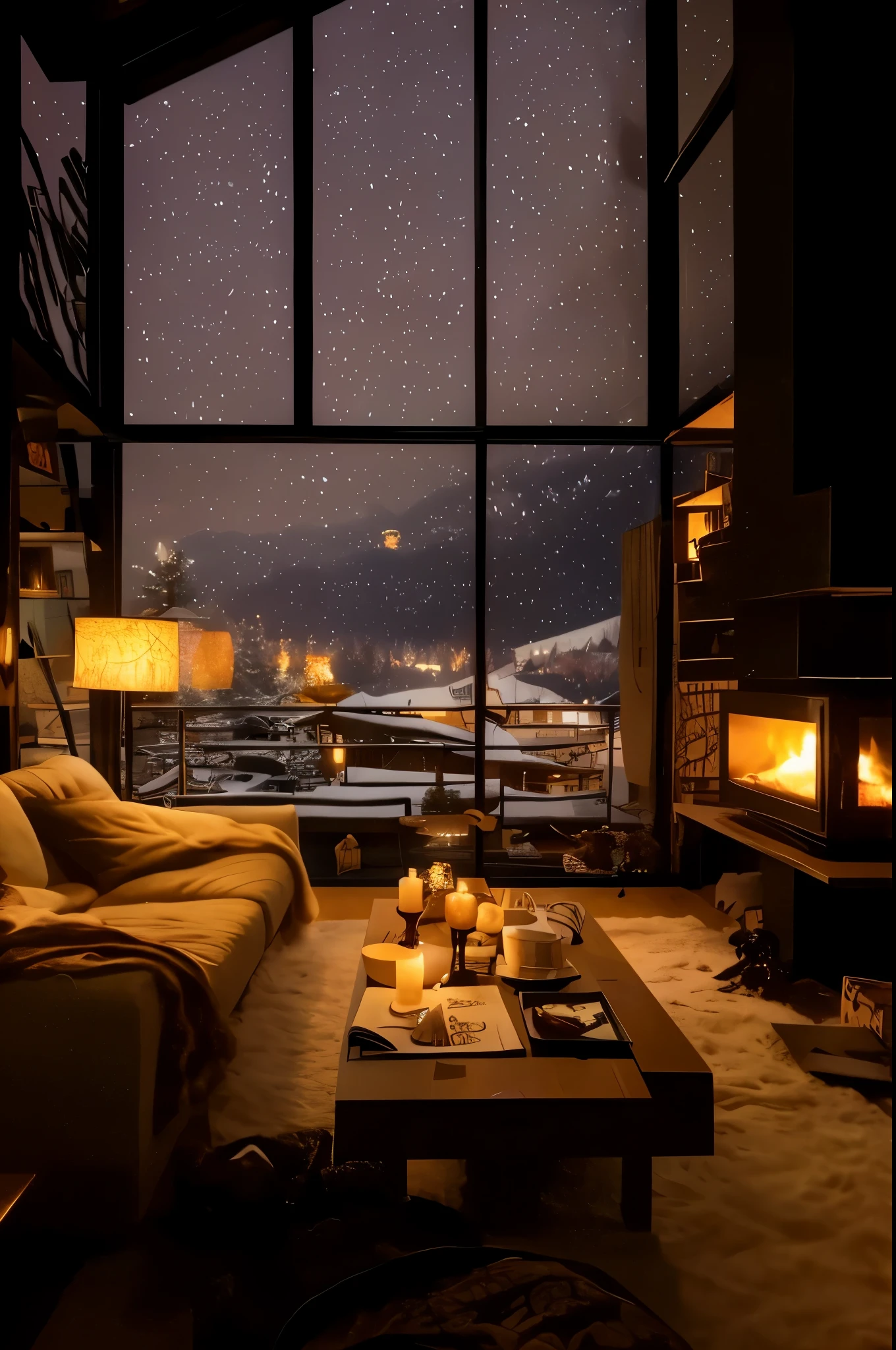 View of living room with fireplace and sofa, cozy place, cozy and peaceful atmosphere, cozy and calm, comfortable atmosphere, Cozy atmosphere, cozy environment, cozy environment, comfortable atmosphere, cozy living room, snowy night, cozy room, comfortable atmosphere, Comfortable wallpaper, very cozy, comfortable atmosphere, cozy candlelight, winter setting