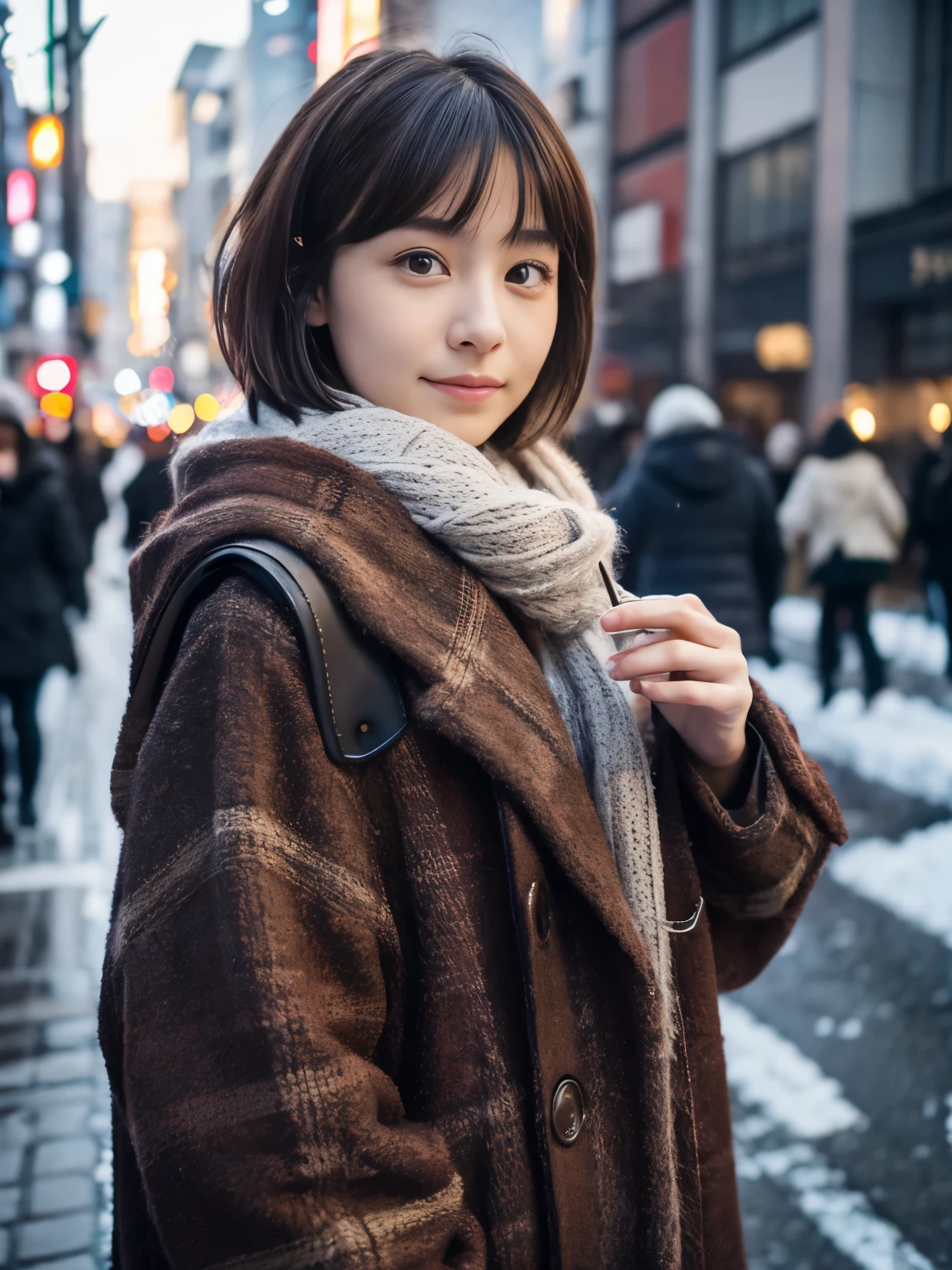 Photorealsitic, 8K, Full body portrait, Beautuful Women, A charming expression, Shorthair, , TOKYOcty, Winters, Shibuya in the background