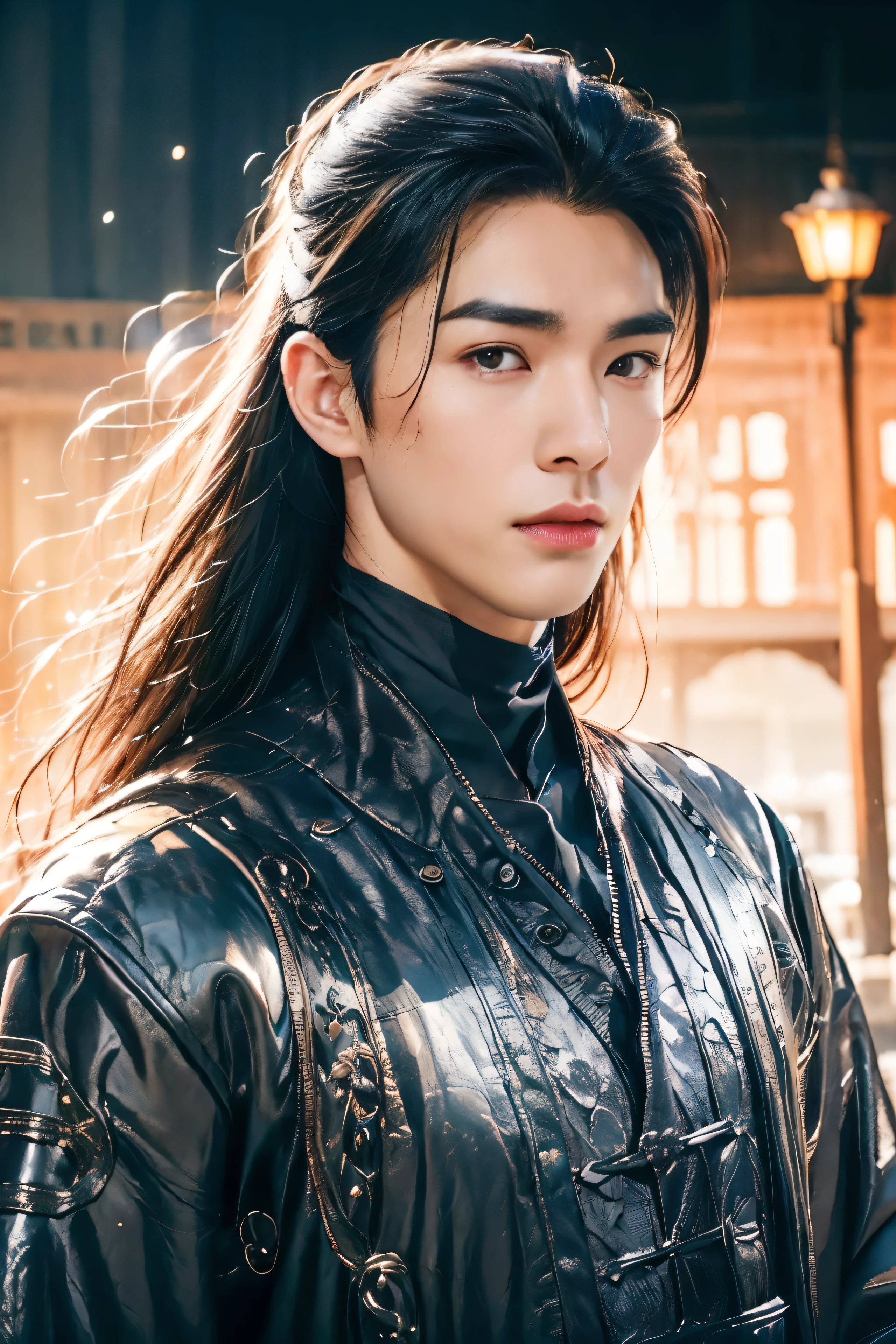 A 21-year-old Asian man，Thick eyebrows, melon seed face，Handsome face，Men's full body ，the background is an ancient Chinese town，Time is night。Deep blue sky，A full moon，Lots of black lanterns，Pavilions and arch bridges，His skin is fair，He is slender,  The limbs have pronounced muscle lines，high-definition photography，Real-world scenarios，Lots of detail, wearing black leather jacket, black long pants, black turtleneck shirt, lightning, magic, ((messy long hair)), looking at viewer, devilish gaze at viewer