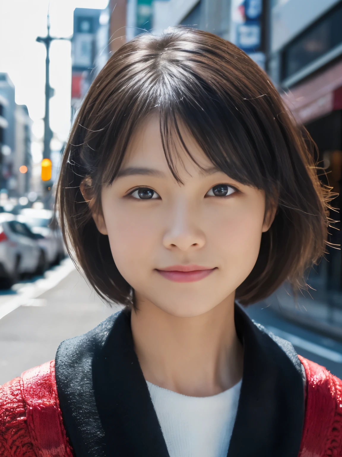 Photorealsitic, 8K, Full body portrait, Beautuful Women, A charming expression, Shorthair, , TOKYOcty, Winters, Shibuya in the background