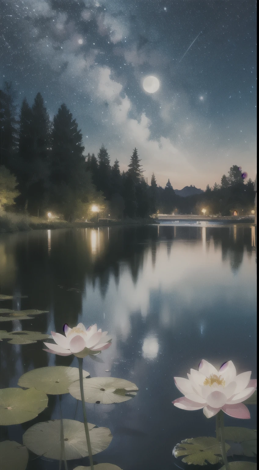 Masterpiece, 8k , highly realistic, high quality, photorealistic , night time, night sky, lotus, lake, pond, dark, beautiful moon light, landscape,