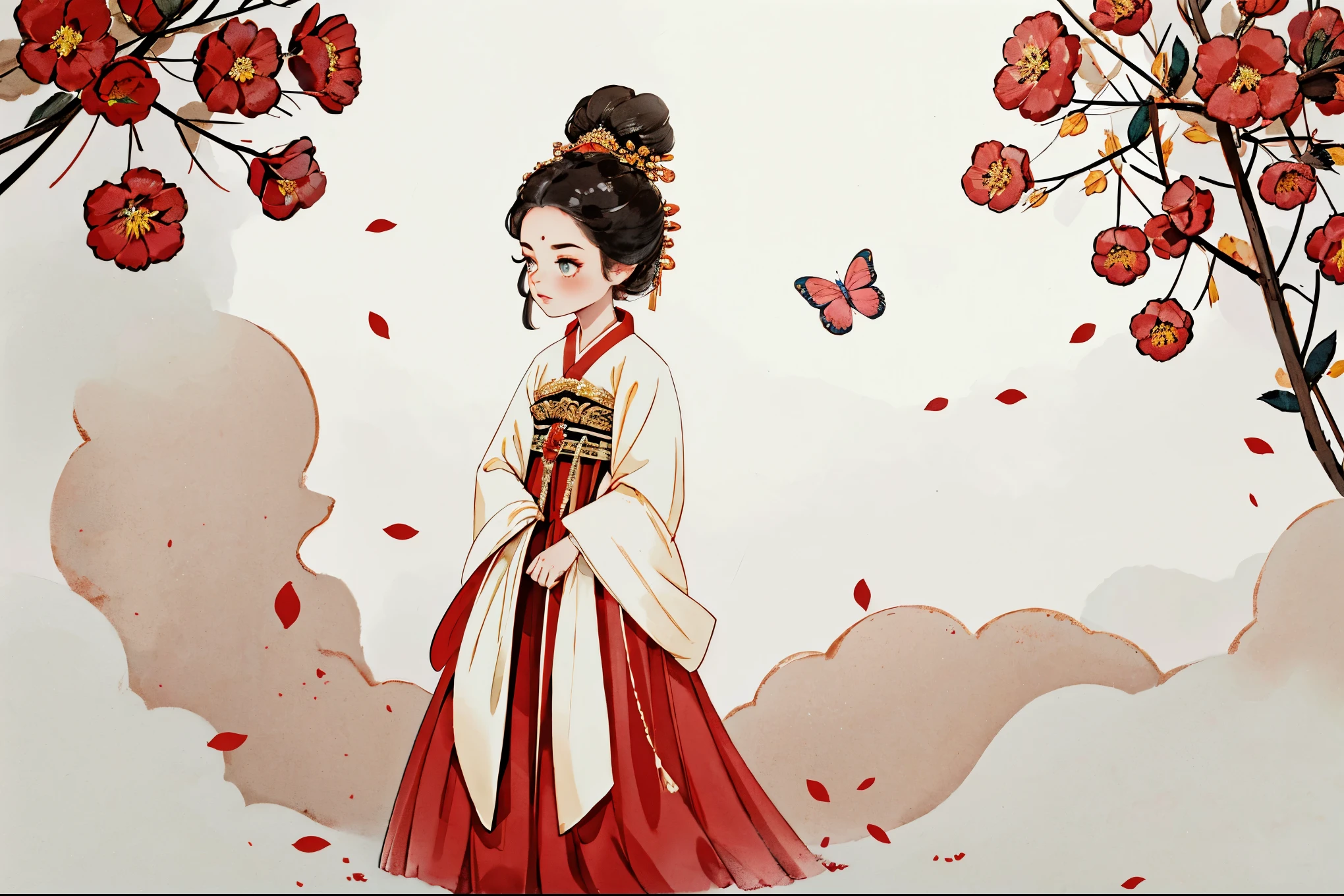 1 Sister, Alone, looking at viewert, face flushed, Background with, black hair color hair, hair adornments, longer sleeves, white backgrounid, Eternal, Full body lesbian, red colour, , Hanfu, flowers blooming, hairflower, hair-bun, butterflys, tmasterpiece, recent quality, The finest details, Clear facial features, beautidful eyes