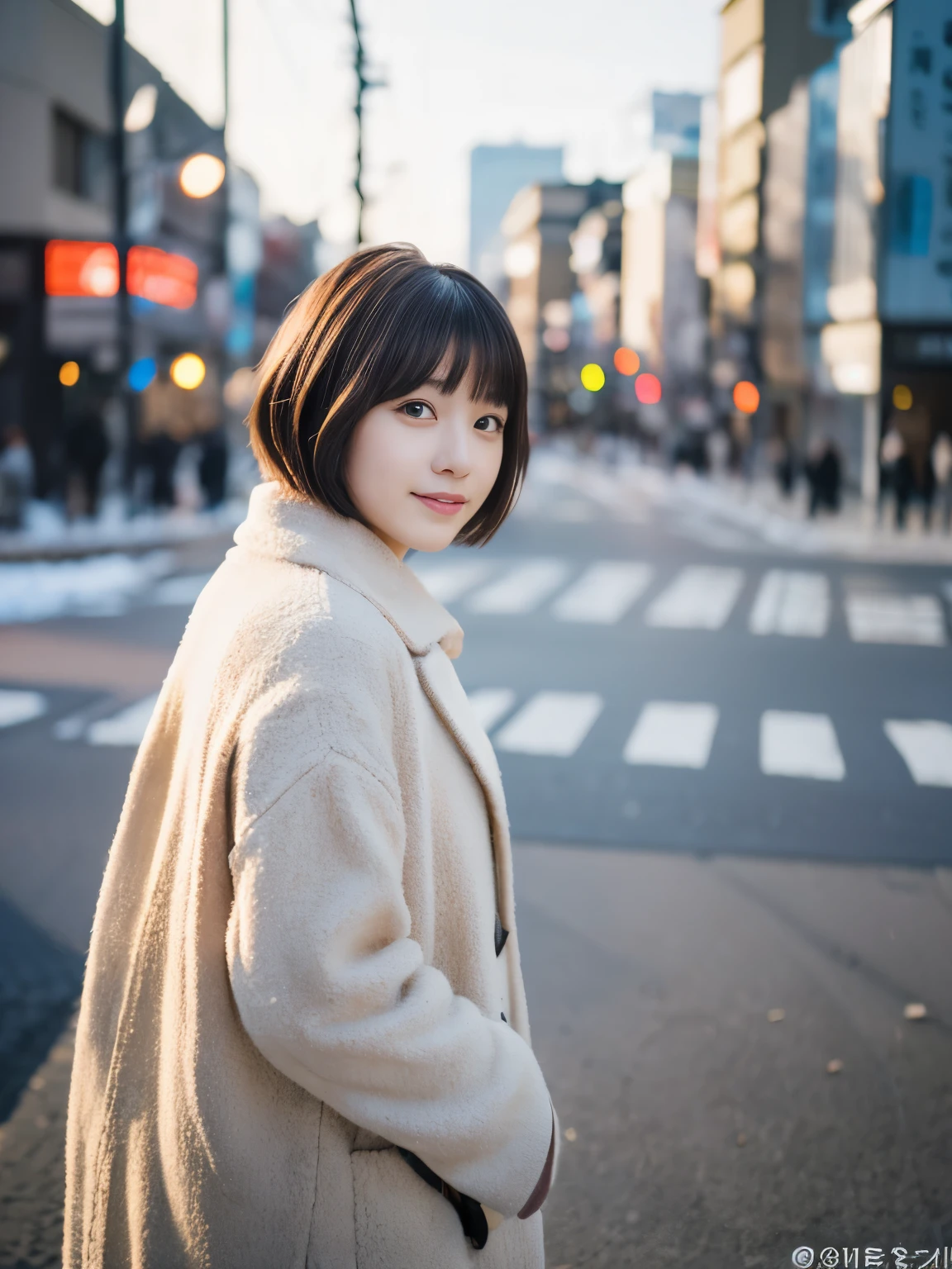 Photorealsitic, 8K, Full body portrait, Beautuful Women, A charming expression, Shorthair, , TOKYOcty, Winters, Shibuya in the background