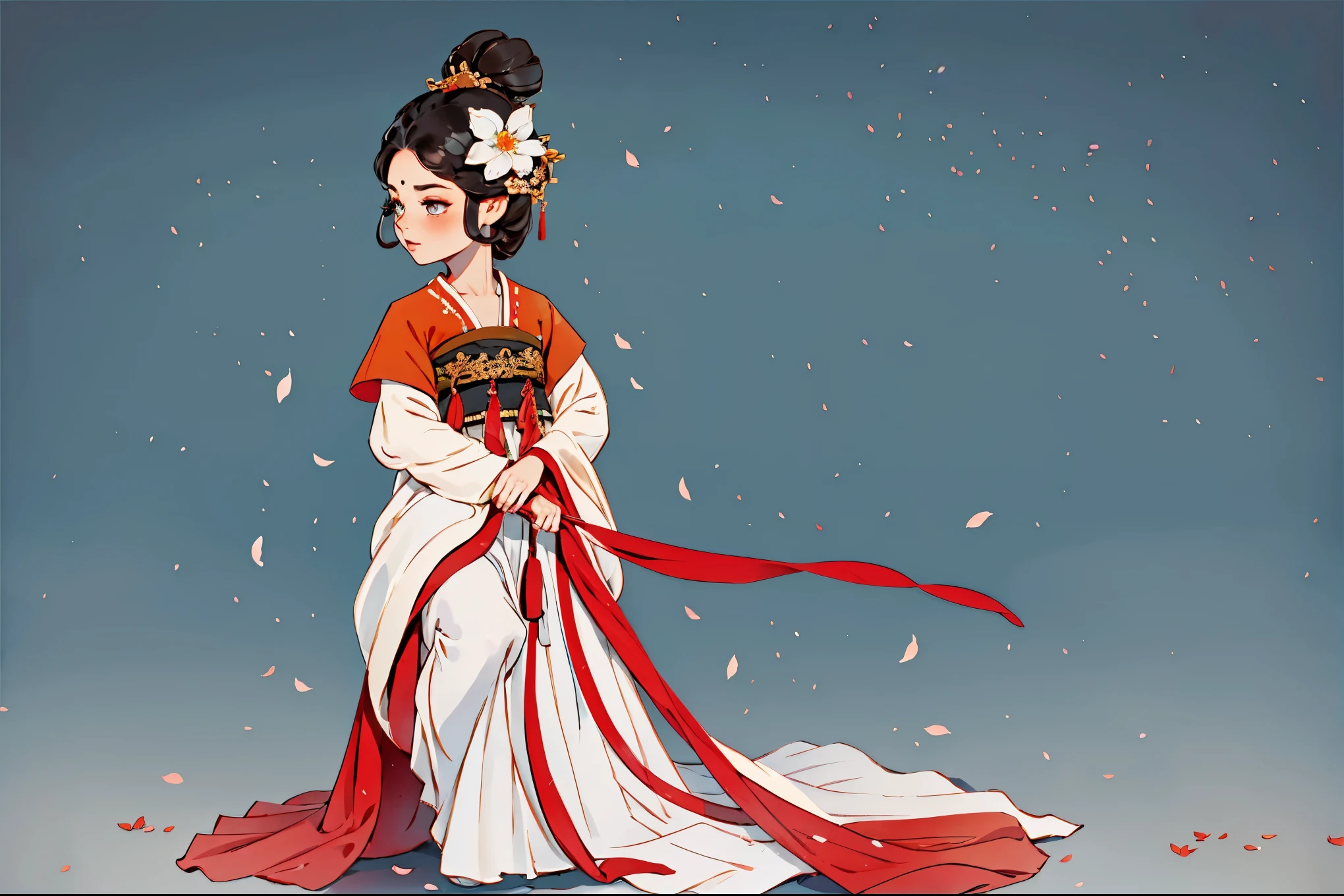 1 Sister, Alone, looking at viewert, face flushed, Background with, black hair color hair, hair adornments, longer sleeves, white backgrounid, Eternal, Full body lesbian, red colour, Hanfu, flowers blooming, hairflower, hair-bun, butterflys, tmasterpiece, recent quality, The finest details, Clear facial features, beautidful eyes