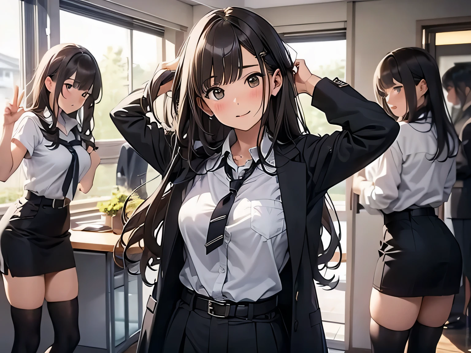 Brown hair、watching at viewers　　　a belt　　　bulging big tits　　 　 　　　walls: 　Black miniskirt　garters　　　　　　Gaze　　　a small face　bangss 　　　holster　　　Beautuful Women　　Hands up　　レッグholster ベッドに横たわる　　Gaze 　black boots panty shot　Provocation　flank　flank汗　Soio 　black suits　　Black jacket　Black pants　White cutter shirt