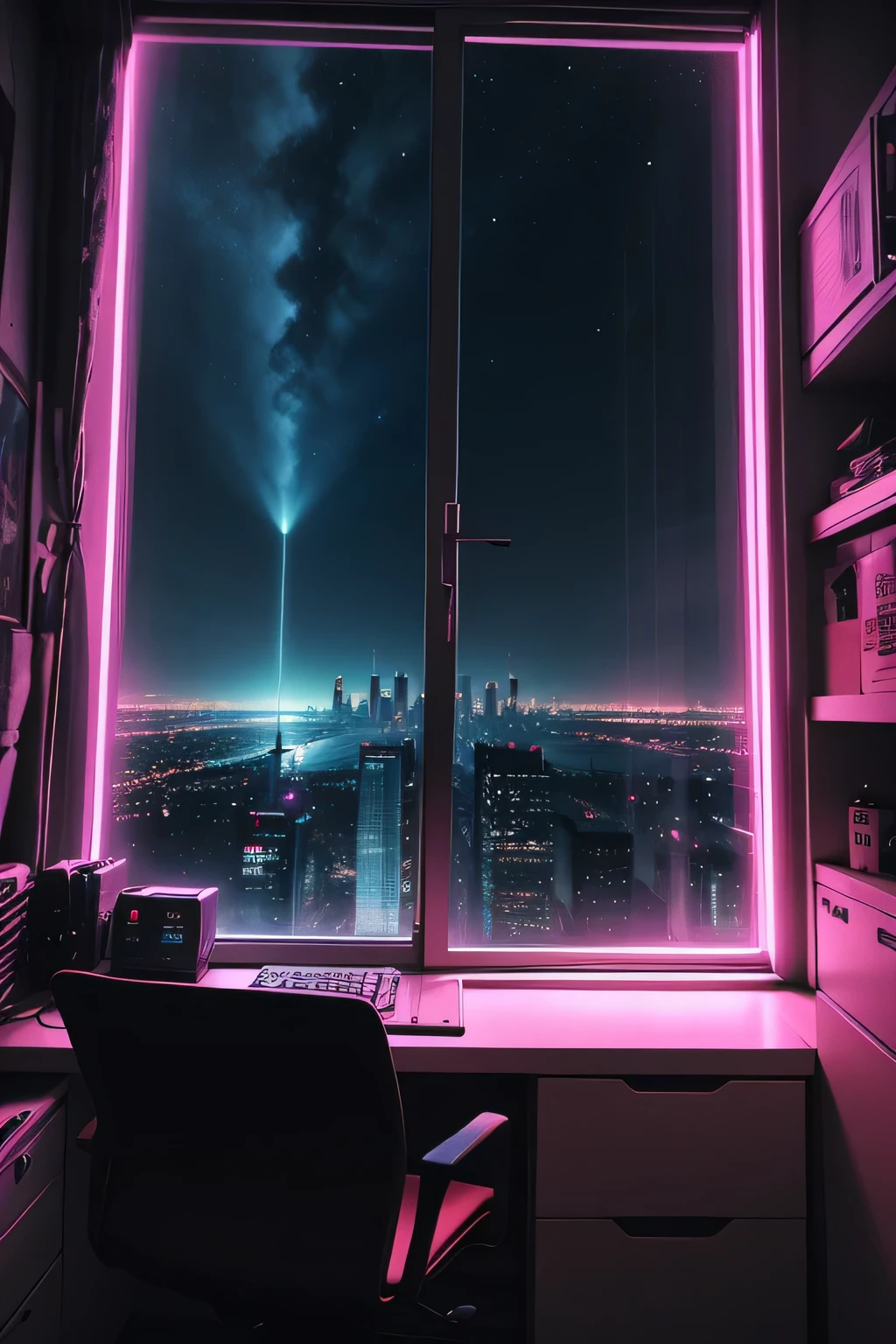 High-quality technological cyberpunk theme room, large seamless windoweatures city views, cyberpunk apartment, starrysky, Cyberpunk under neon lights, Spectacular views