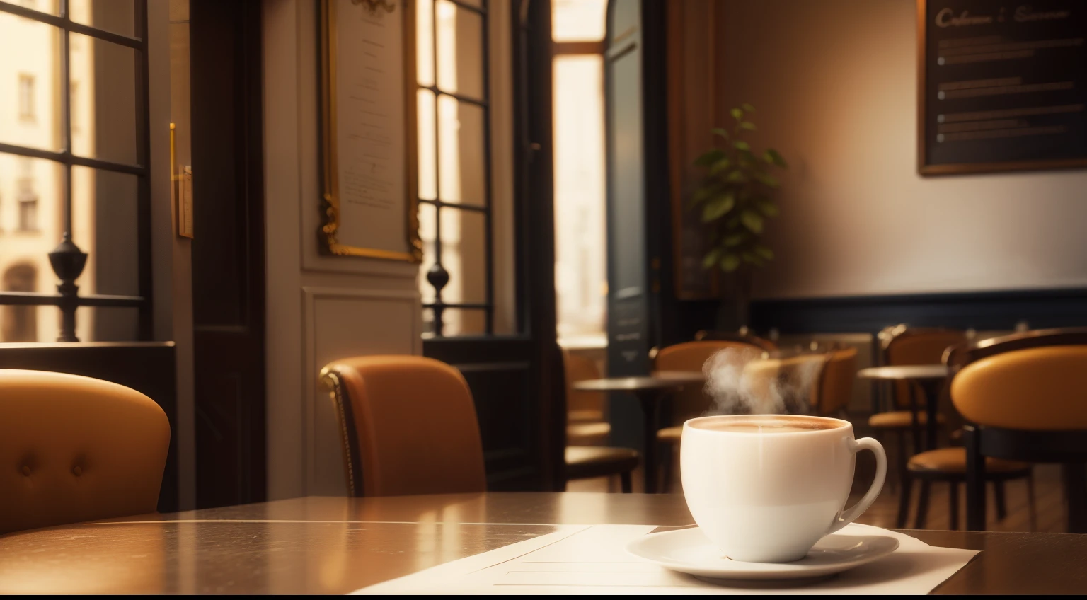 Draw a scene of a Parisian café with a cup of coffee.