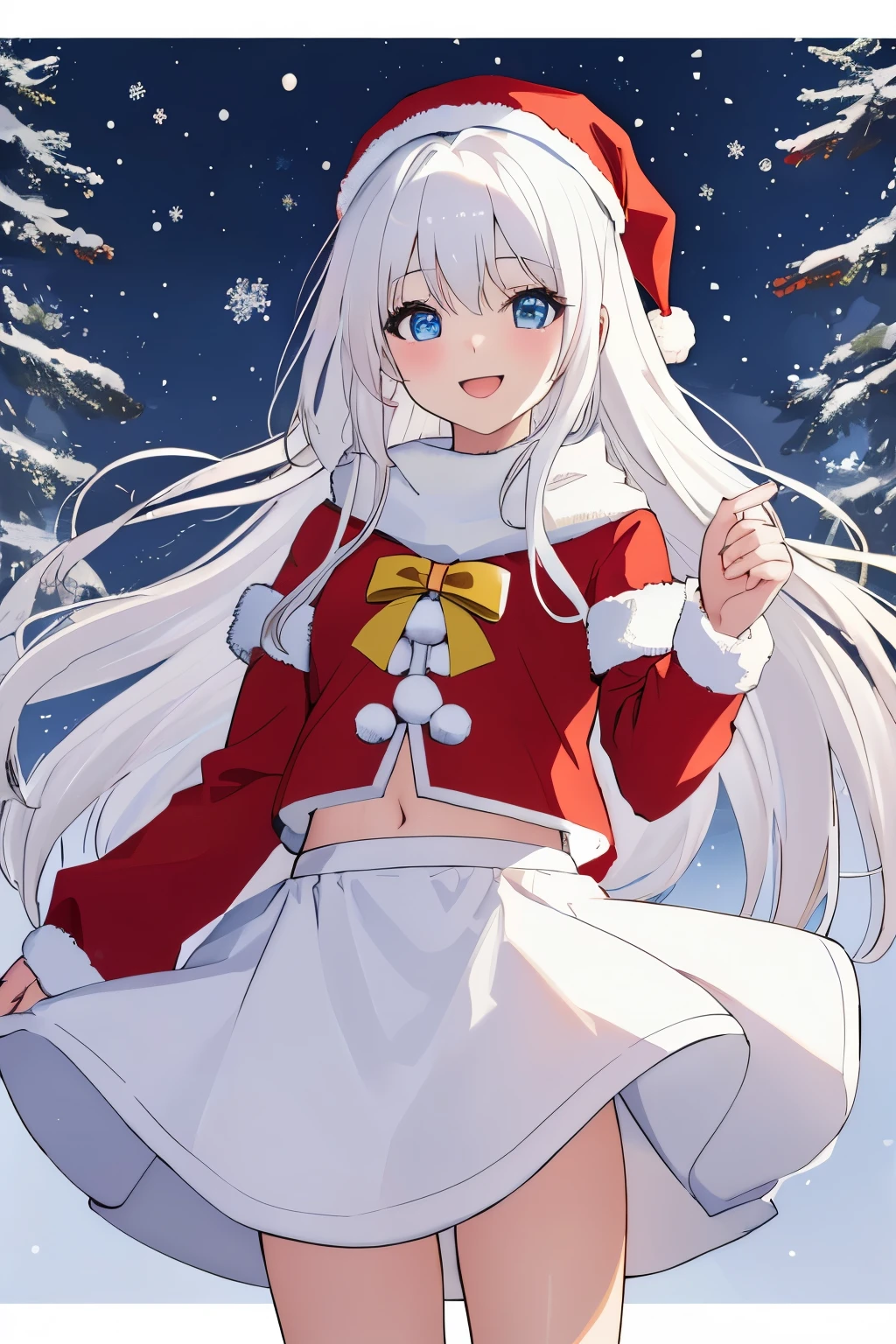 Chica anime, ((Masterpiece), top-quality, Top image quality, ((((solo)))), ((((white hair)))), long hair, Beautiful blue eyes, Shining eyes, dye one's cheeks red, smile, teens girl, 18yo, cute, Santa Claus costume,  midriff peek, mini skirt, snowflakes falling, Heavy snow falls, snowman, A world where snow piles up, Christmas tree, 8k