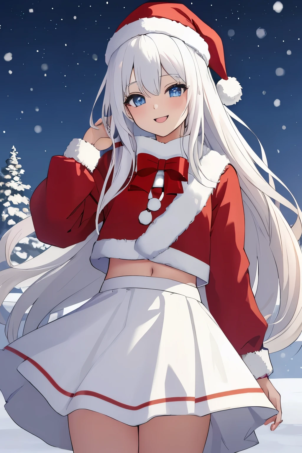 Chica anime, ((Masterpiece), top-quality, Top image quality, ((((solo)))), ((((white hair)))), long hair, Beautiful blue eyes, Shining eyes, dye one's cheeks red, smile, s girl, 18yo, cute, Santa Claus costume, midriff peek, mini skirt, snowflakes falling, Heavy snow falls, snowman, A world where snow piles up, Christmas tree, 8k