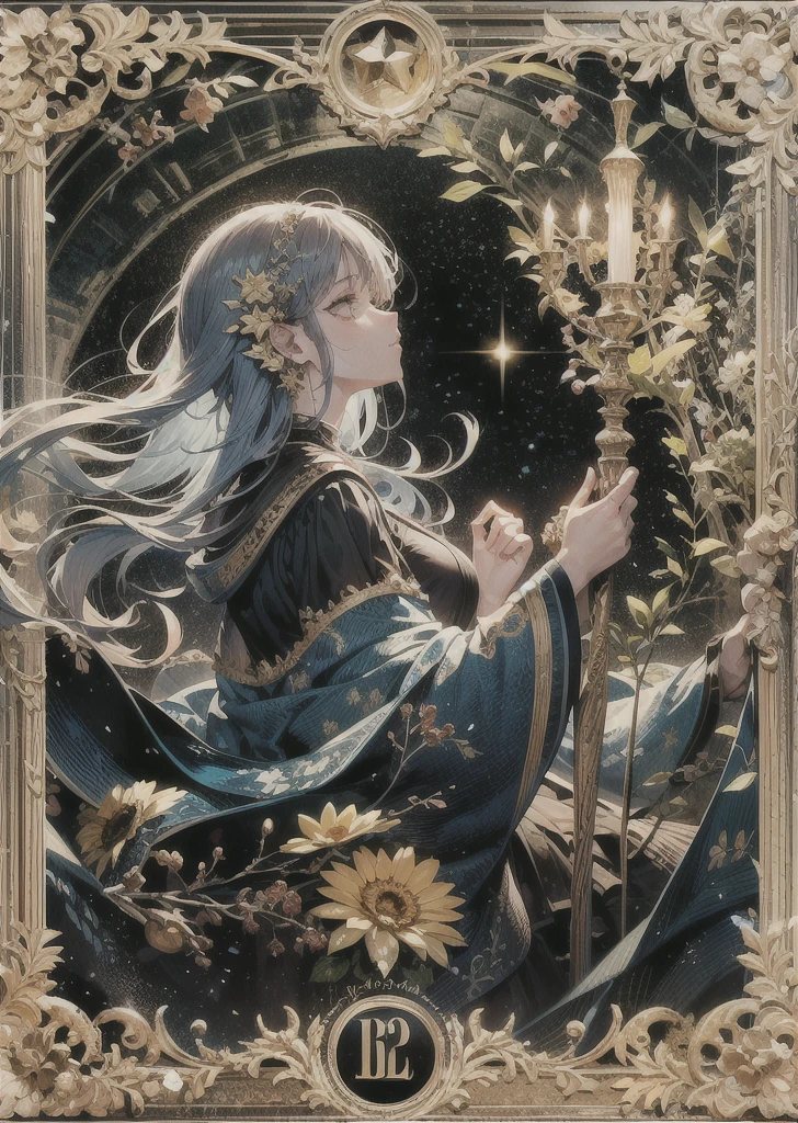 cinematic lighting, soft smile, profile, floating hair, starry sky background,