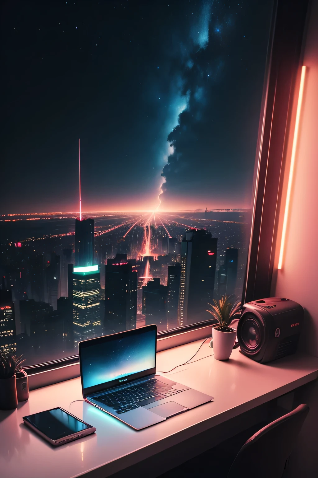 High-quality technological cyberpunk theme room, Large seamless windows feature city views, cyberpunk apartment, starrysky, Cyberpunk under neon lights, Spectacular views, There is a MacBook on the table