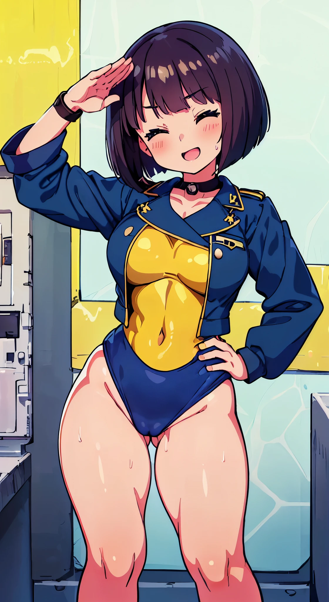 (Perfect body),Best Quality,(8K Portrait),(anime screen cap)、((Police Woman)),blush,Sweat,((large udder))、(Dark hair),((bob cuts))、Yellow eyes,(((thick thighs))),((((Navy blue leotard))))、from behind、((A smile))、Cowboy Shot、((saluting))、((((Left hand on hip))))、(Navy blue jacket)、showing teeth、one eye closed、(((Chibi)))