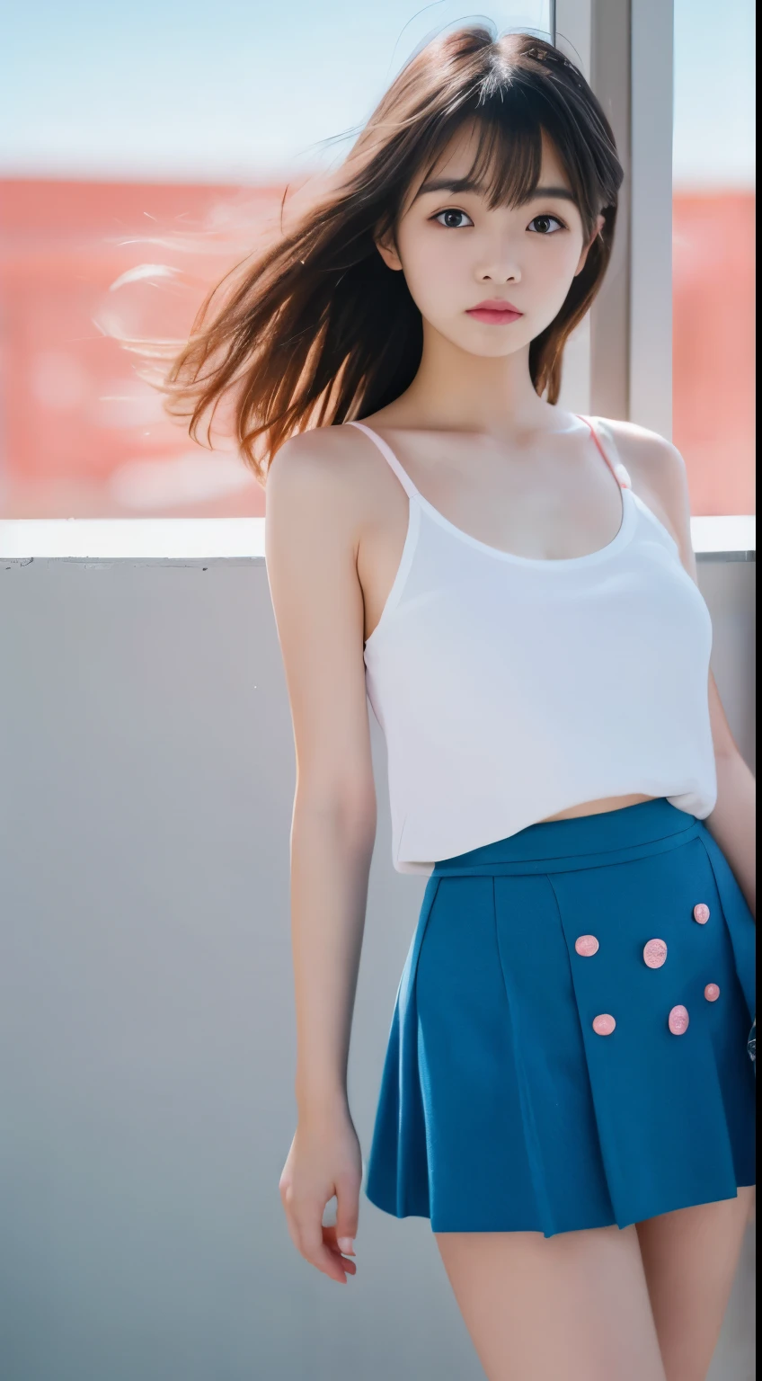 ((Top quality, masterpiece)), (Japanese wearing white camisole mini and pink skirt: 1.3), (Small ???????: 1.2), (Maste piece, best quality: 1.2), 8K, 16 years old, Raw photo, ( Sad face: 1.3), beautiful girl, blue sky, detailed face, bokeh background