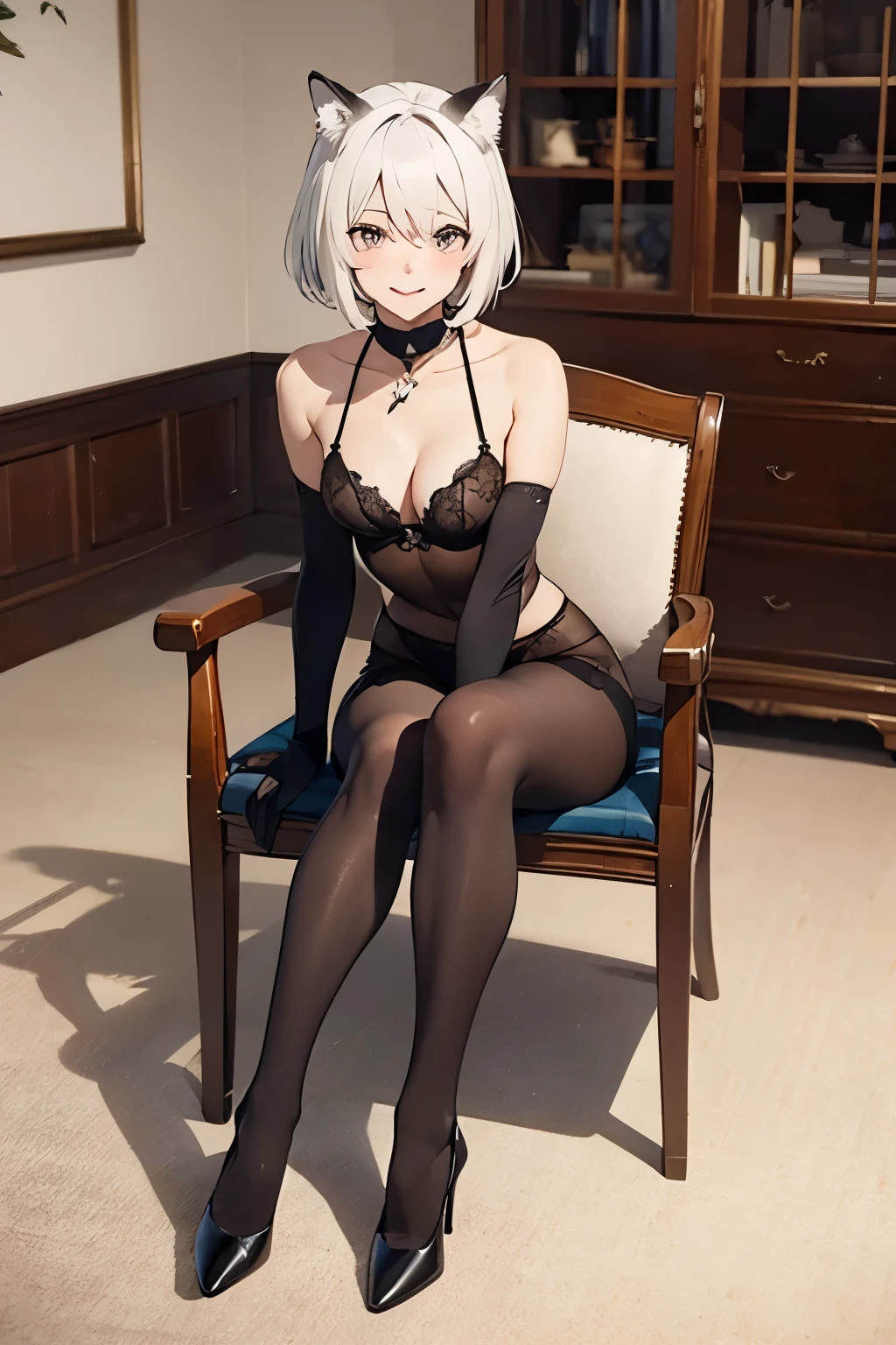 masutepiece　high-level image quality　最high-level image quality　8K　 Lady（Soio）　Full body portrait　blancheロンググローブ（（blanche）（Long gloves））　pantyhose（（beauty legs）（Color is white））　pumps　an lingerie（（blanche）（Ren Hao））　gargantilha　Wolf ears　shorth hair（（short-cut）（White hair）（perm）（fluffly））　Eye color is blue　a smile（（Opening Mouth））　Sitting on a chair