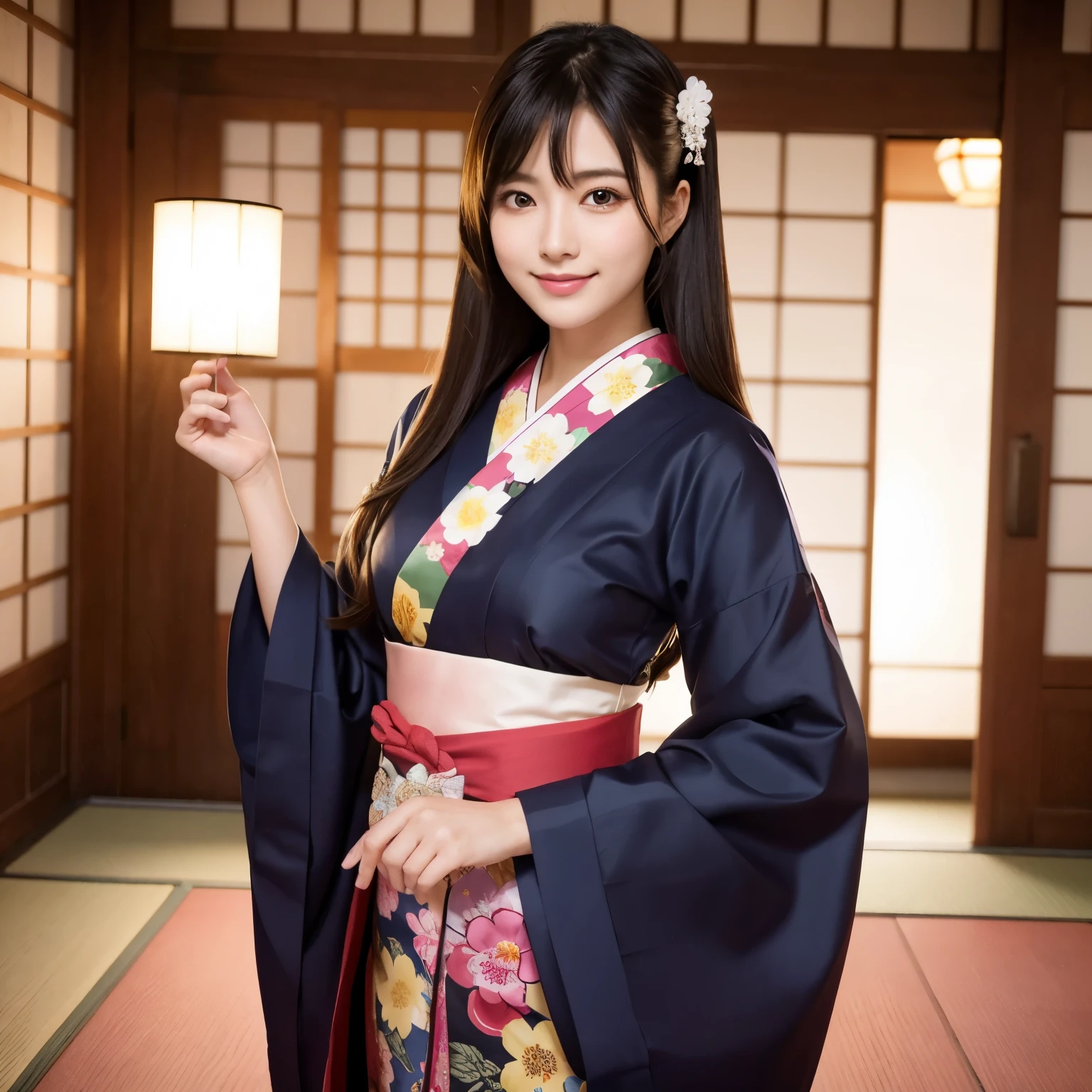 Beautiful woman in neat Japanese clothes、8k masterpieces:1.3))、foco nítido:1.2、(ultra beautiful faces:1.0)、(shinny skin:1.0)、photos realistic、A dark-haired、Video Lighting、High-definition eyes and face、Video Lighting、Japan Idol Actress front side、medium breasts、Smile、Slender Abs Beauty、Whole body、In furisode