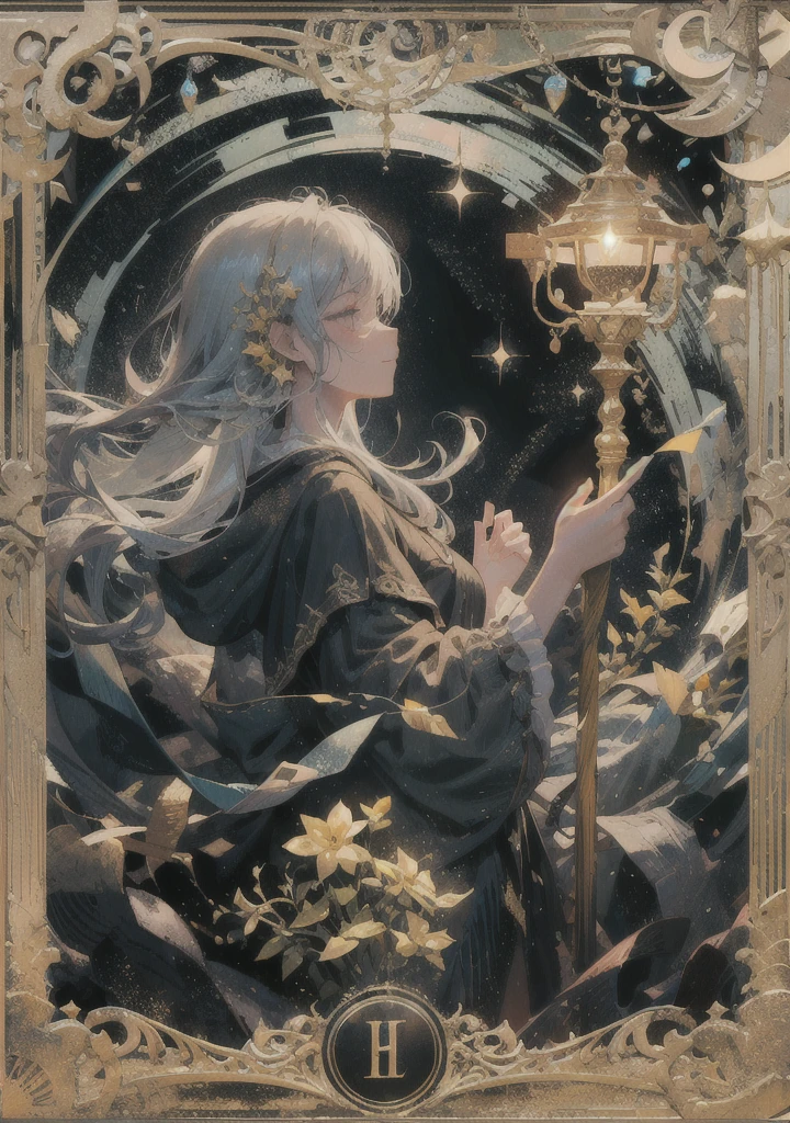 cinematic lighting, soft smile, profile, floating hair, starry sky background,