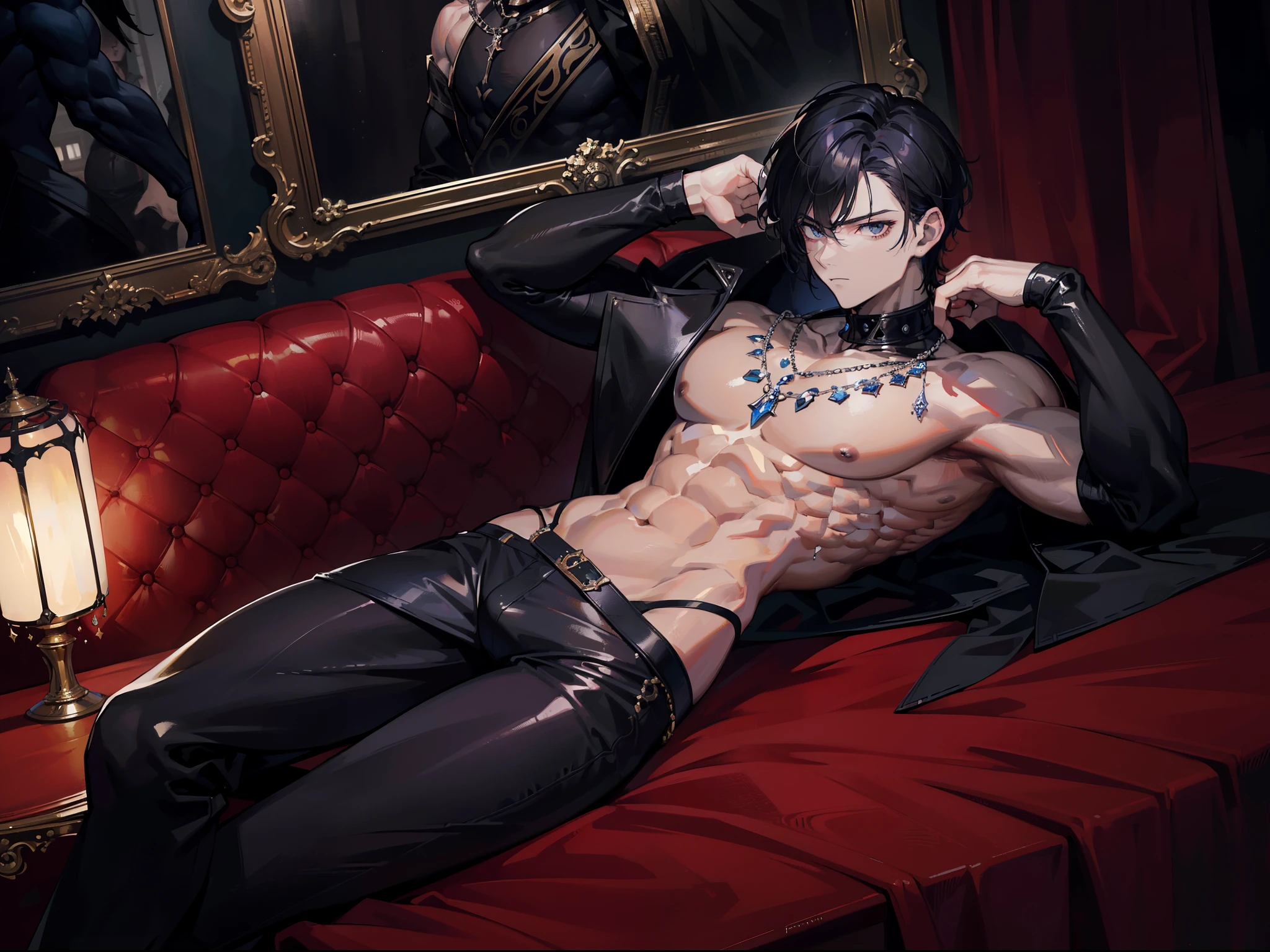 ((Masterpiece, Highest quality)), Detailed face, dramatic lighting, dark colors and atmosphere, full body, Full of details, frontal body view, back body view, Highly detailed, Depth, Many parts, Muscle boy with short black hair，handsome man, mercenary, man tall, pectoral muscles, abs, laying down, relaxing