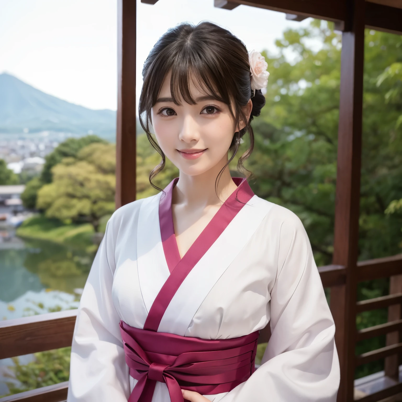 Beautiful woman in neat Japanese clothes、8k masterpieces:1.3))、foco nítido:1.2、(ultra beautiful faces:1.0)、(shinny skin:1.0)、photos realistic、A dark-haired、Video Lighting、High-definition eyes and face、Video Lighting、Japan Idol Actress front side、medium breasts、Smile、Slender Abs Beauty、Whole body、In furisode