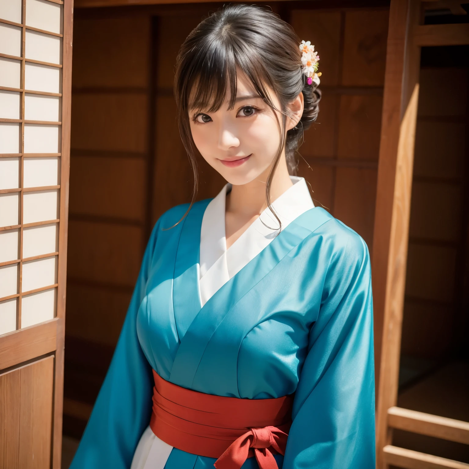 Beautiful woman in neat Japanese clothes、8k masterpieces:1.3))、foco nítido:1.2、(ultra beautiful faces:1.0)、(shinny skin:1.0)、photos realistic、A dark-haired、Video Lighting、High-definition eyes and face、Video Lighting、Japan Idol Actress front side、medium breasts、Smile、Slender Abs Beauty、Whole body、In furisode