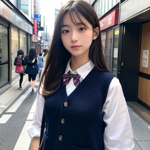 1人,japanes,Beautuful Women,High ,校服,Umeda street snap,knit,vests,navy