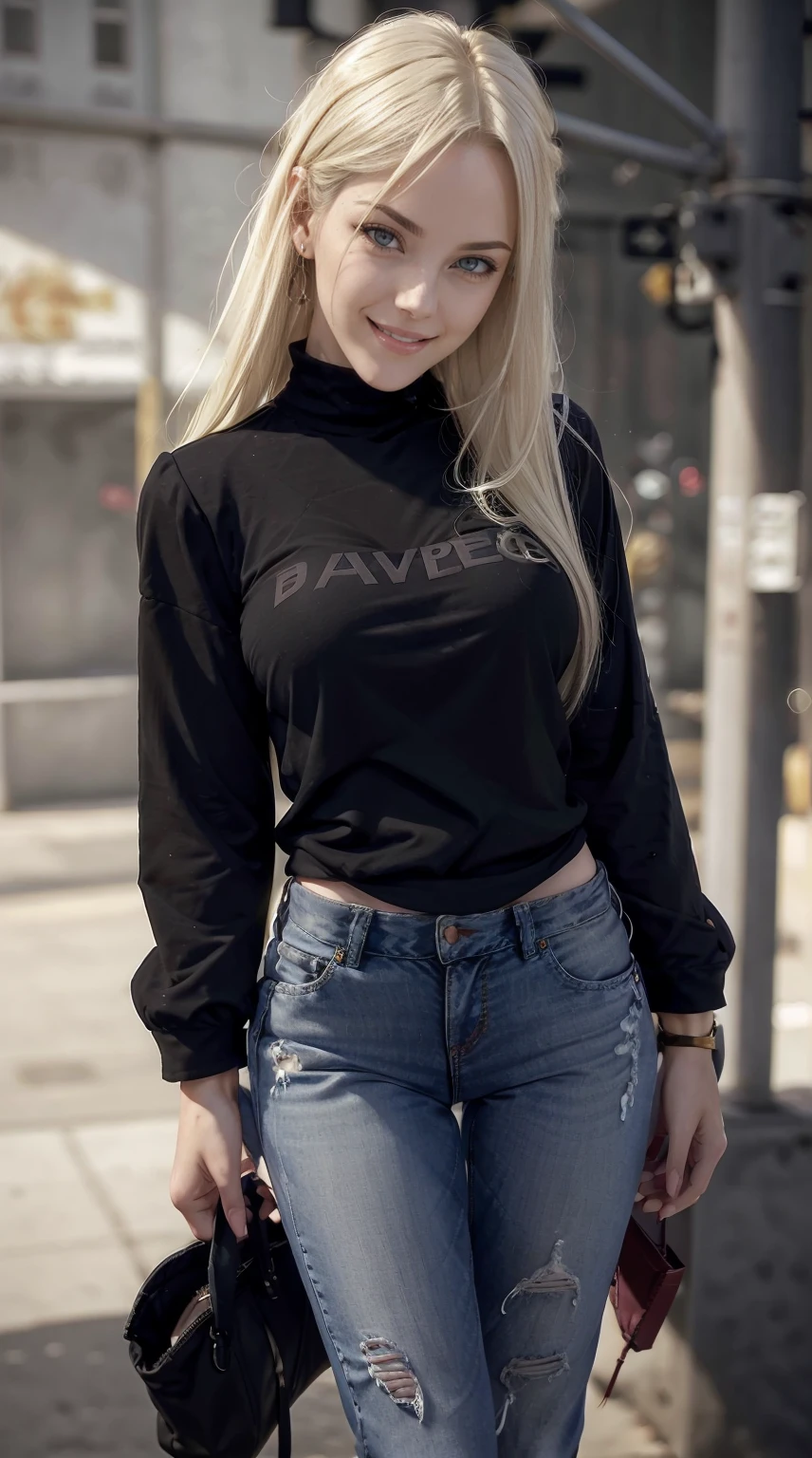 24-year-old Caucasian woman、Hair color is blonde、Eye color is blue、medium hair straight hair、Slender but well-proportioned muscular body、a smile、huge tit、Wearing accessories on your wrist、a smile、I&#39;m wearing a hair ornament、a smile、Wearing a black high neck zipper up top、I&#39;m wearing low rise jeans