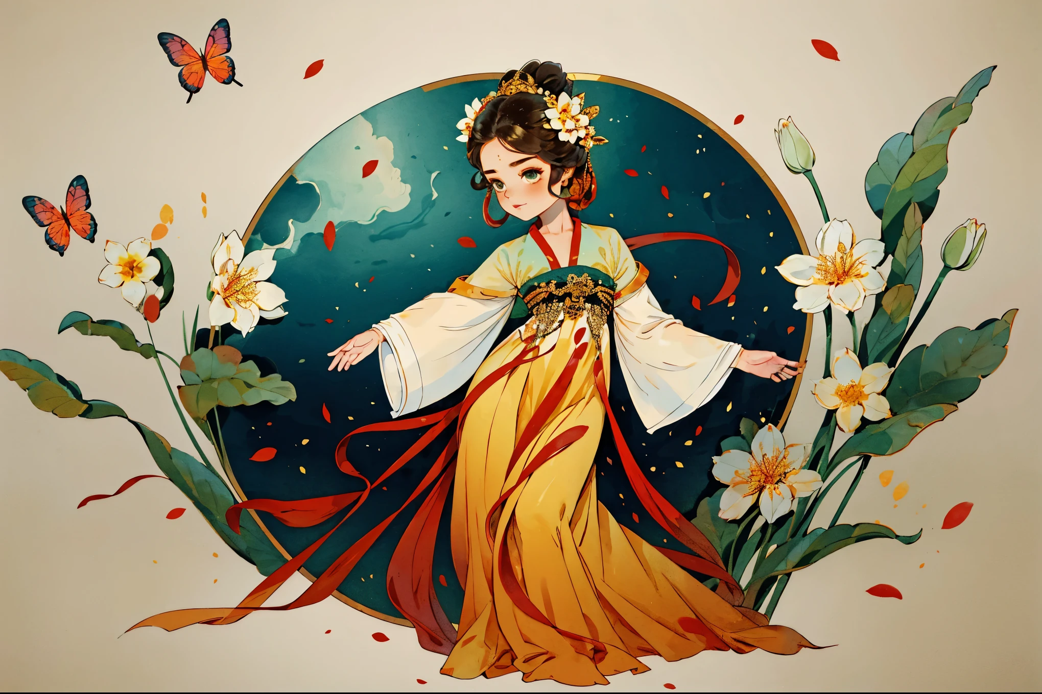 1 Sister, Alone, looking at viewert, face flushed, Background with, long and flowing hair, dances, hair adornments, longer sleeves, white backgrounid, everlasting, Full body lesbian, golden colored, Hanfu, flowers blooming, hairflower, hair-bun, butterflys, tmasterpiece, recent quality, The finest details, Clear facial features, beautidful eyes