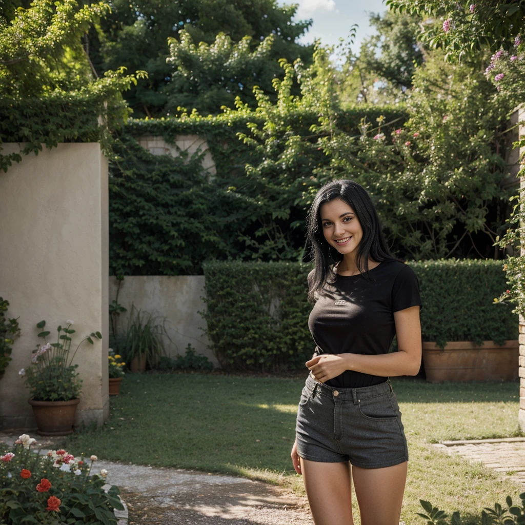 28 years Italian model,wearing short pants and t-shirt black hair, outside, garden, iper realism, ultra dettagliato, alone, smiling.