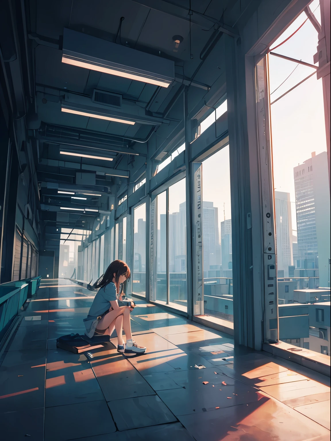 A girl that give up love, looks like a girl that give up, inside a building, sitting, midnight