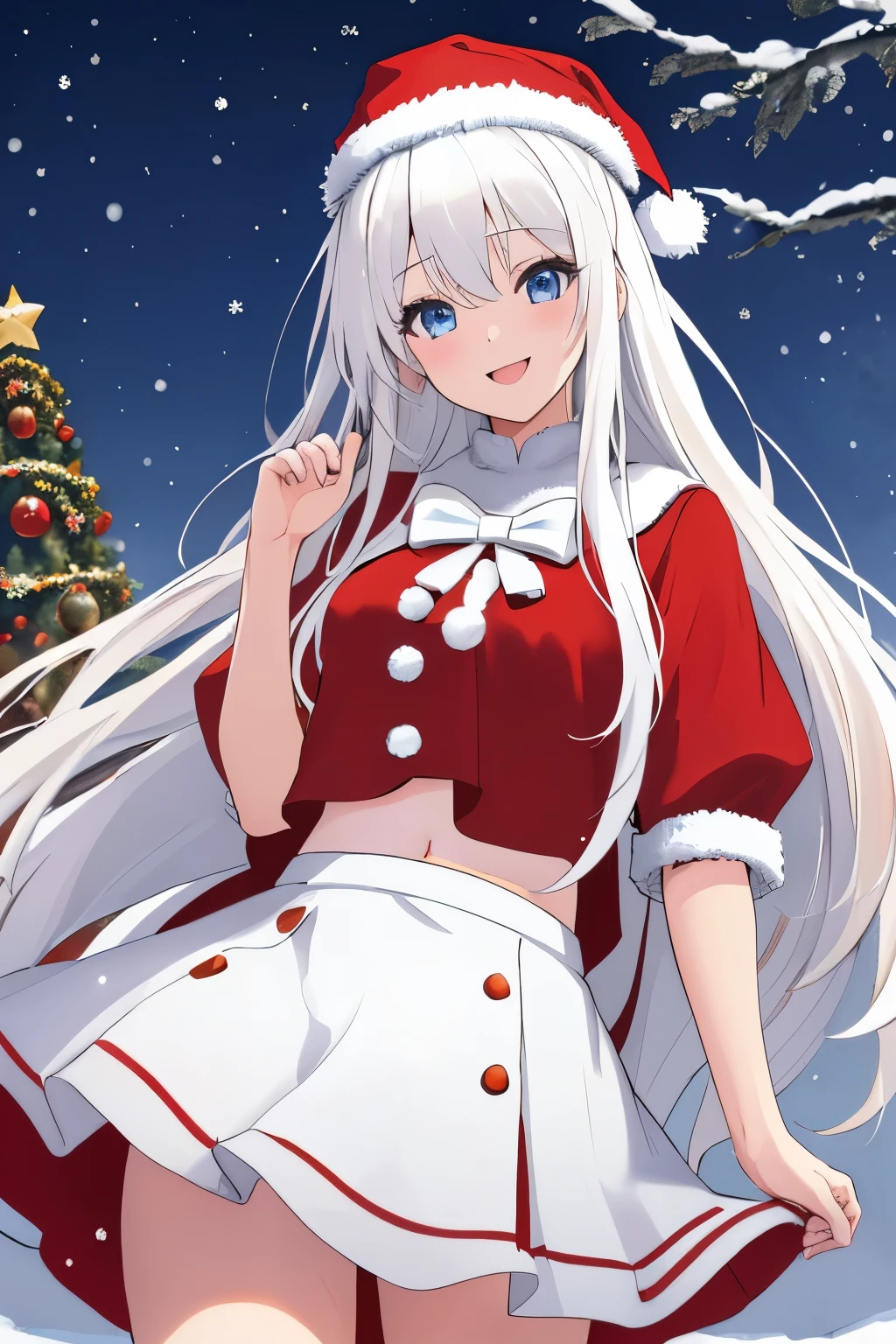 Chica anime, ((Masterpiece), top-quality, Top image quality, ((((solo)))), ((((white hair)))), long hair, Beautiful blue eyes, Shining eyes, dye one's cheeks red, smile, teens girl, 18yo, cute, Santa Claus costume, midriff peek, mini skirt, snowflakes falling, Heavy snow falls, snowman, A world where snow piles up, Christmas tree, 8k