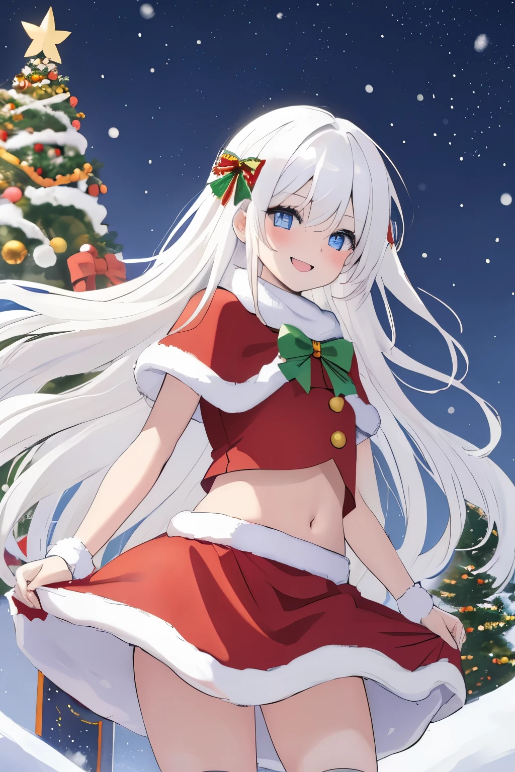Chica anime, ((Masterpiece), top-quality, Top image quality, ((((solo)))), ((((white hair)))), long hair, Beautiful blue eyes, Shining eyes, dye one's cheeks red, smile, teens girl, 18yo, cute, Santa Claus costume, midriff peek, mini skirt, snowflakes falling, Heavy snow falls, snowman, A world where snow piles up, Christmas tree, 8k