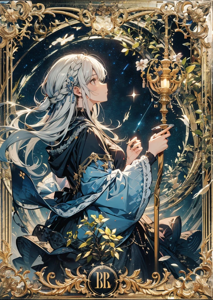 cinematic lighting, soft smile, profile, floating hair, starry sky background,