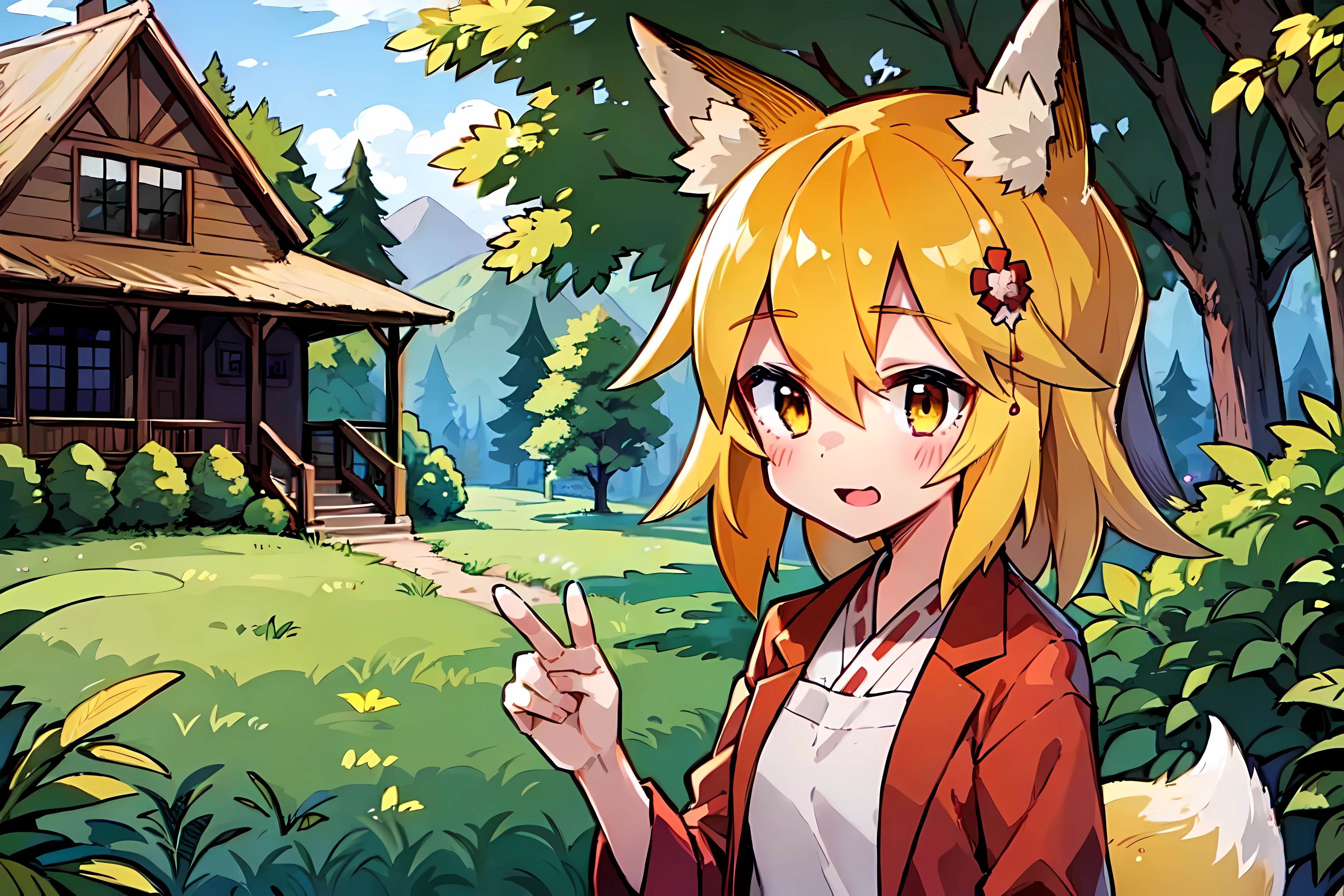 A  girl, Fox ears, 4K Image, Beautiful forest, house in the forest