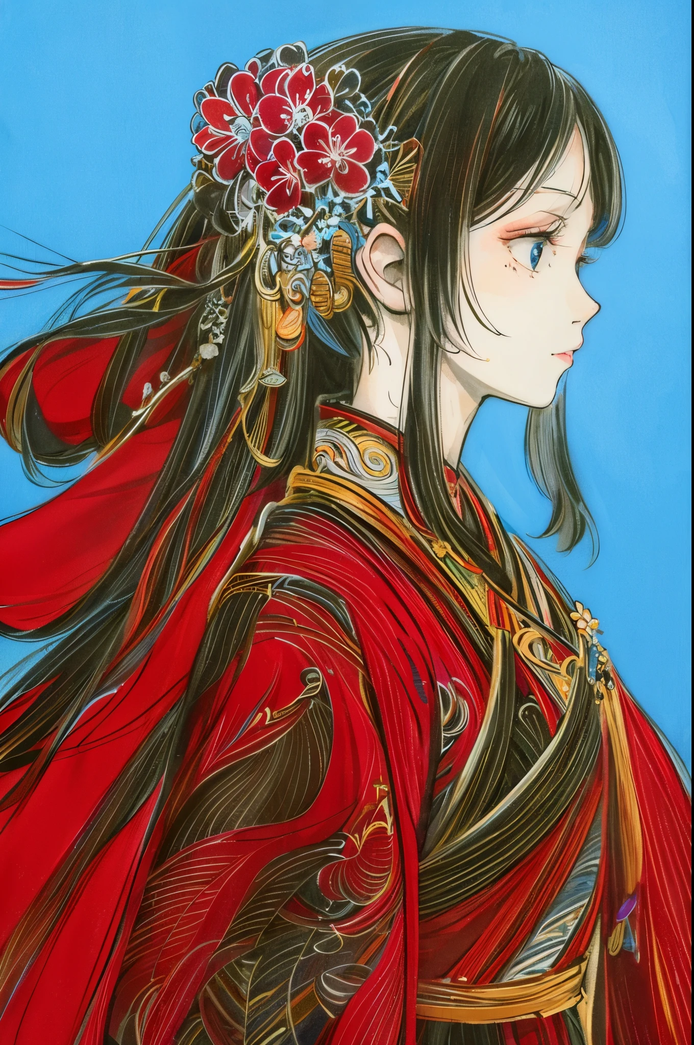 A picture of a woman with long hair，A flower stuck in his hair, Colorful costumes，The background is blue sky and white clouds