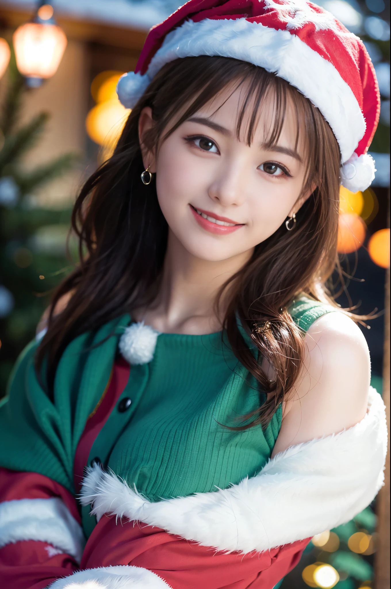 Japanese ido ,((Cute ,:1.2)),(8K, Raw photo, ultra-detailliert, Best Quality:1.2), (Realistic, Photorealsitic:1.4), (Insanely detailed, 超A high resolution ,Beautiful, masutepiece:1.2), ,very detailed face and eyes,Shiny skin,(Upper body:1.Professional Lighting,Soft light, Sharp Focus, depth of fields,Medium Hair,Earring, ( Christmas Costumes:1.3),(Smile:1.3),Bokeh,(Dynamic Angle:1.5),( background of aurora borealis in the night sky, with christmas trees and snow-covered mountains
:1.3)