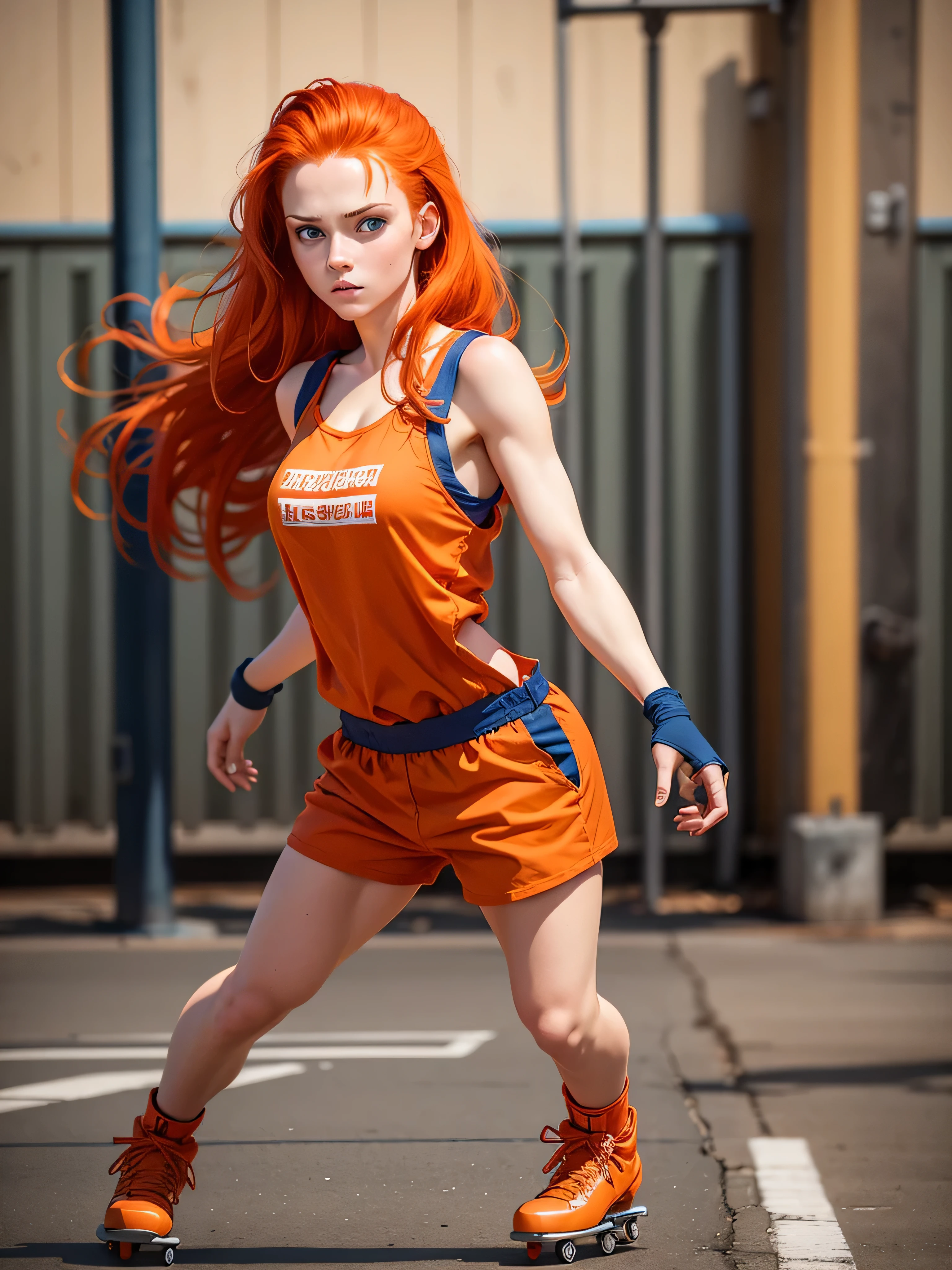 Beautiful red hair, blue eyes, orange jumpsuit, clothes, loose hair, American, 19 years old, beautiful woman, prisoner, rollerskating on a prison yard, cute, 1girl
