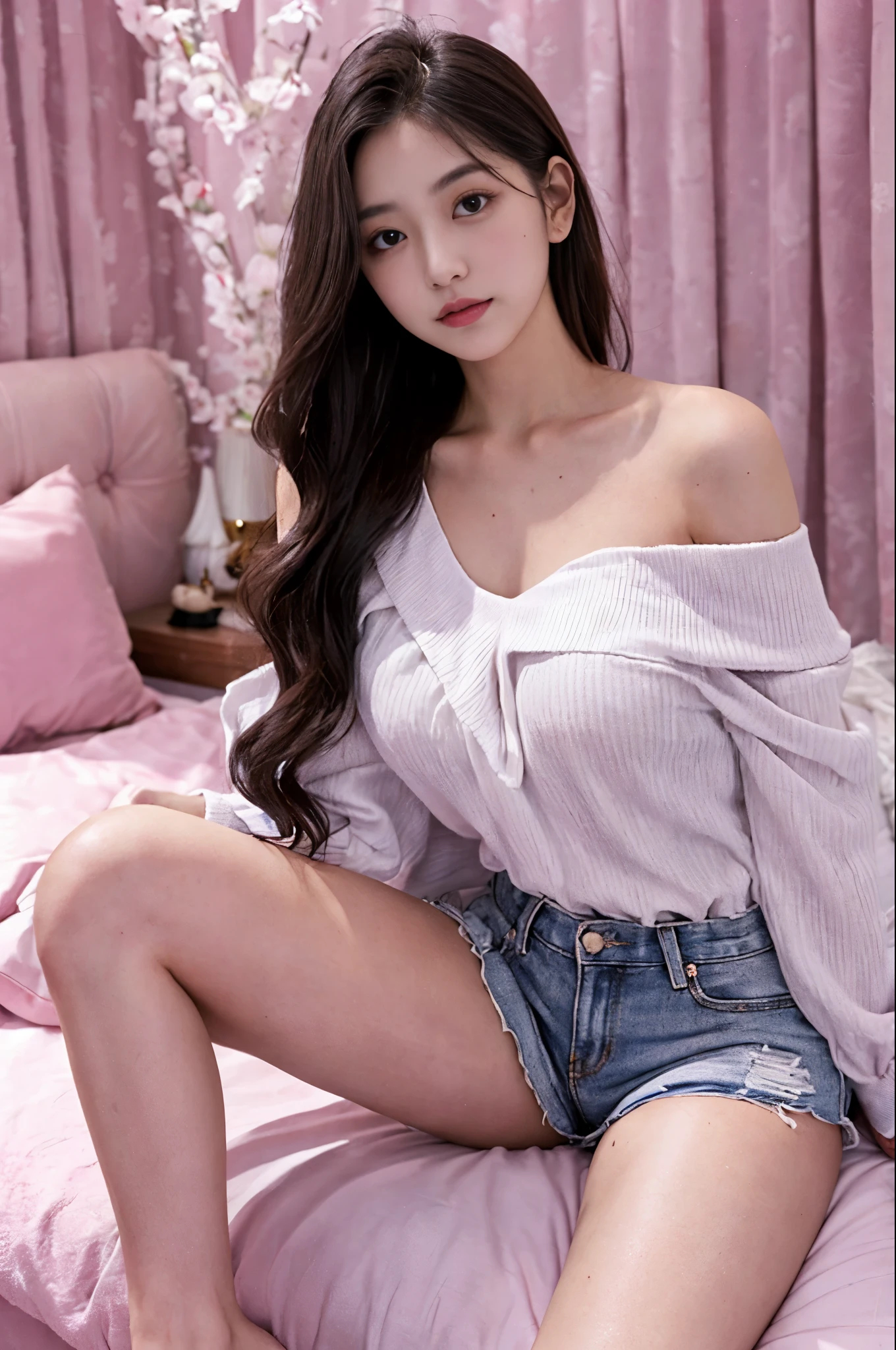 UHD, retina, masterpiece, accurate, super detail, high quality, highres, 4K,1girl, 17 years old, ((cute face)),korean face,((detile texture face)),((perfect eyes)), solo, long hair,((shorts Off shoulder top)),hands on breasts, huge breasts,oversized breasts, ((mini skirt,)),((sittings on chair shopa)), classroom, indoors, blush.