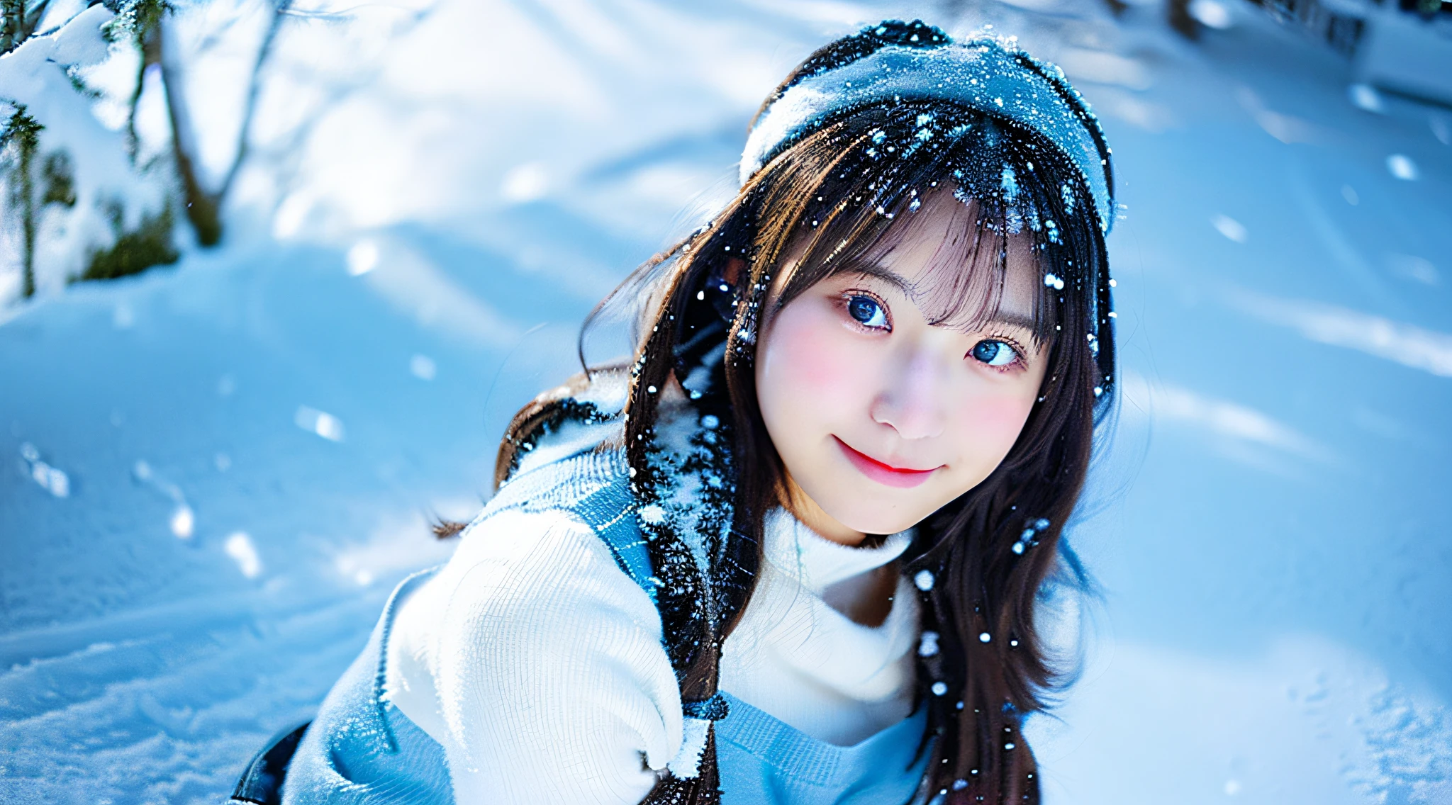 Cute College Girl, 18 years old, Wearing a light blue miniskirt、The background is snow outdoors