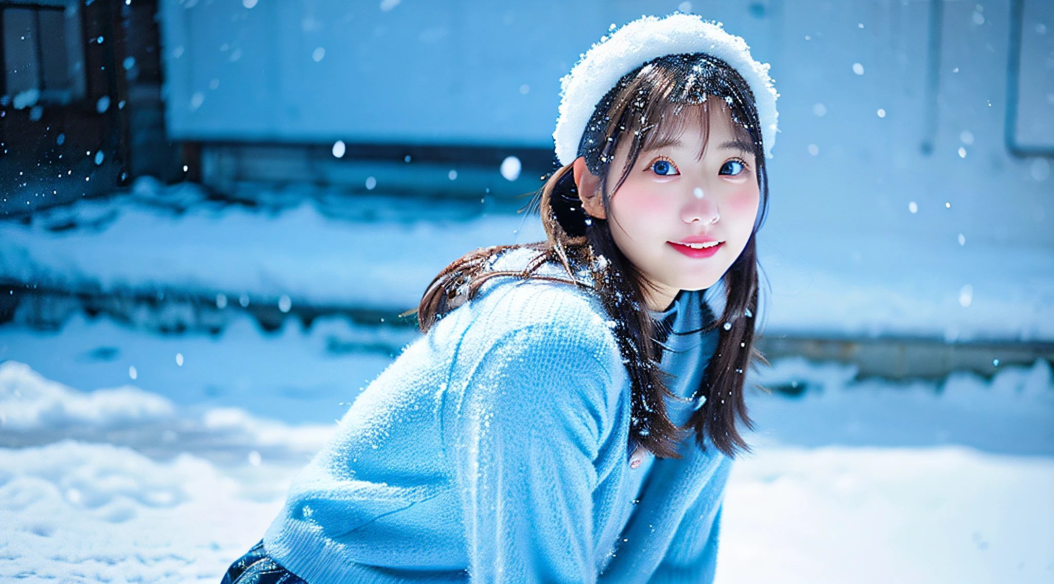 Cute College Girl, 18 years old, Wearing a light blue miniskirt、The background is snow outdoors