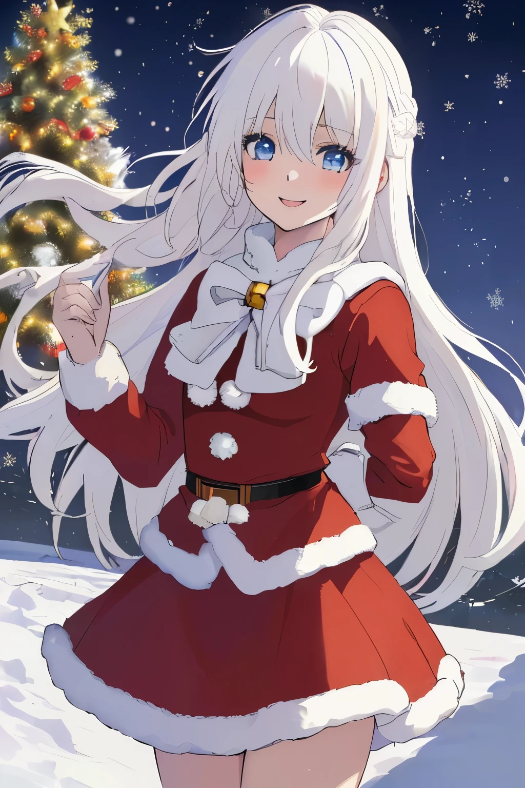 Chica anime, ((Masterpiece), top-quality, Top image quality, ((((solo)))), ((((white hair)))), long hair, Beautiful blue eyes, Shining eyes, dye one's cheeks red, smile, teens girl, 18yo, cute, Santa Claus costume, mini skirt, snowflakes falling, Heavy snow falls, snowman, A world where snow piles up, Christmas tree, 8k