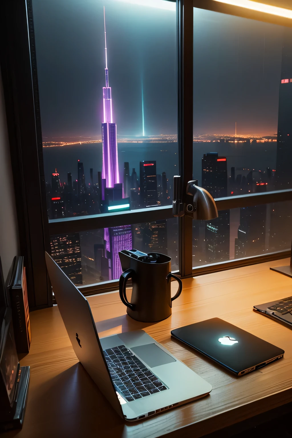 High-quality technological cyberpunk theme room, Large seamless windows feature city views, cyberpunk apartment, starrysky, Cyberpunk under neon lights, Spectacular views, There is a MacBook on the table