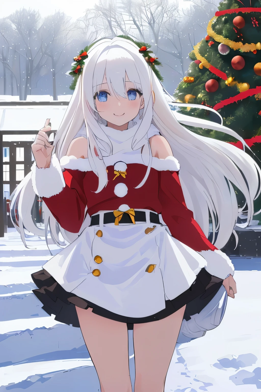 Chica anime, ((Masterpiece), top-quality, Top image quality, ((((solo)))), ((((white hair)))), long hair, Beautiful blue eyes, Shining eyes, dye one's cheeks red, smile, teens girl, 18yo, cute, Santa Claus costume, mini skirt, snowflakes falling, Heavy snow falls, snowman, A world where snow piles up, Christmas tree, 8k