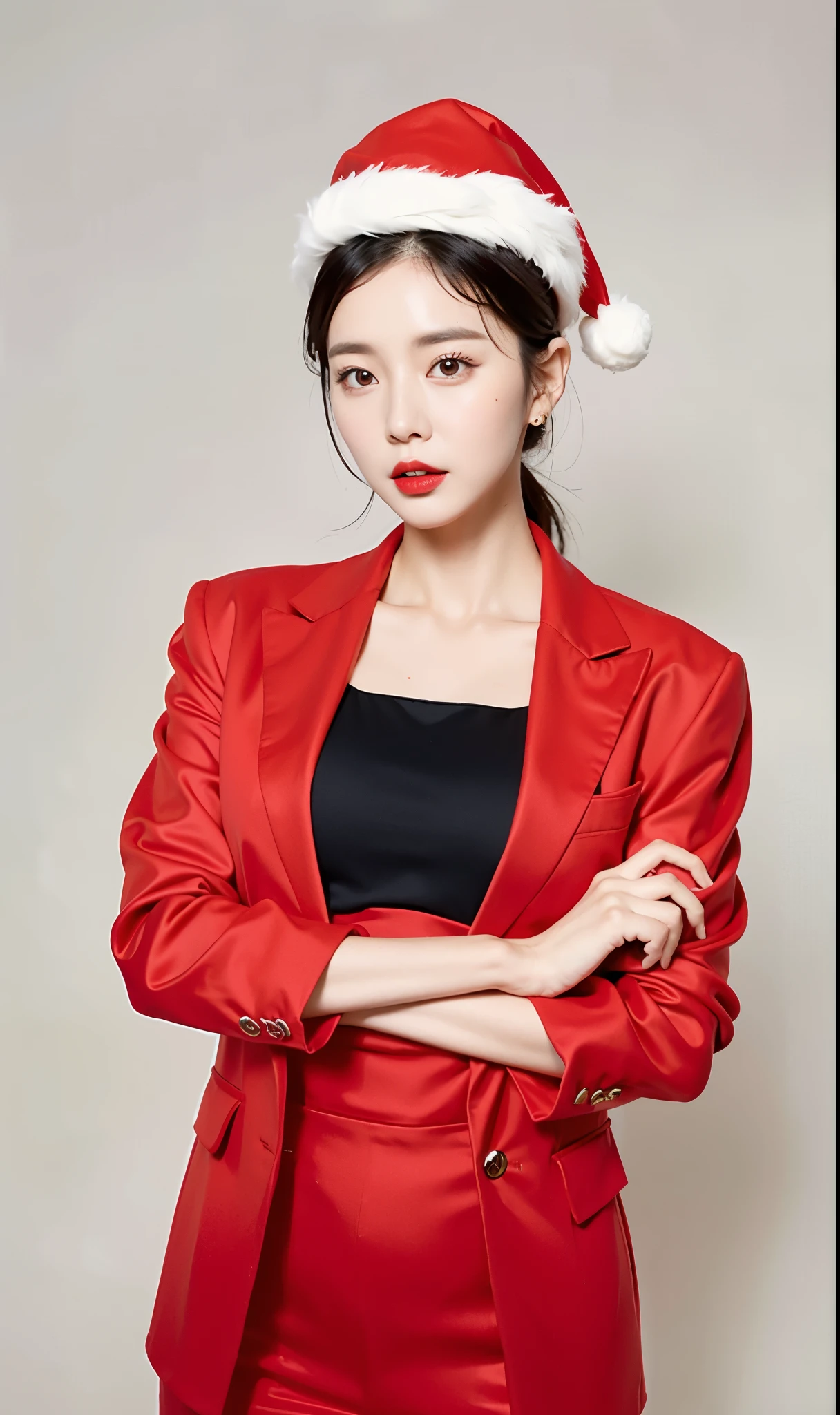 woman in Red suit and santa hat posing for a picture, Korean female fashion model, Bae Xiuzhi, wearing a black and Red suit, Red and black suit, Red suit, cai xukun, Huang Shishi, black and Red suit, fan bingbing, wearing red clothes, wearing red jacket, Wearing a red dress, Lee Ji-eun