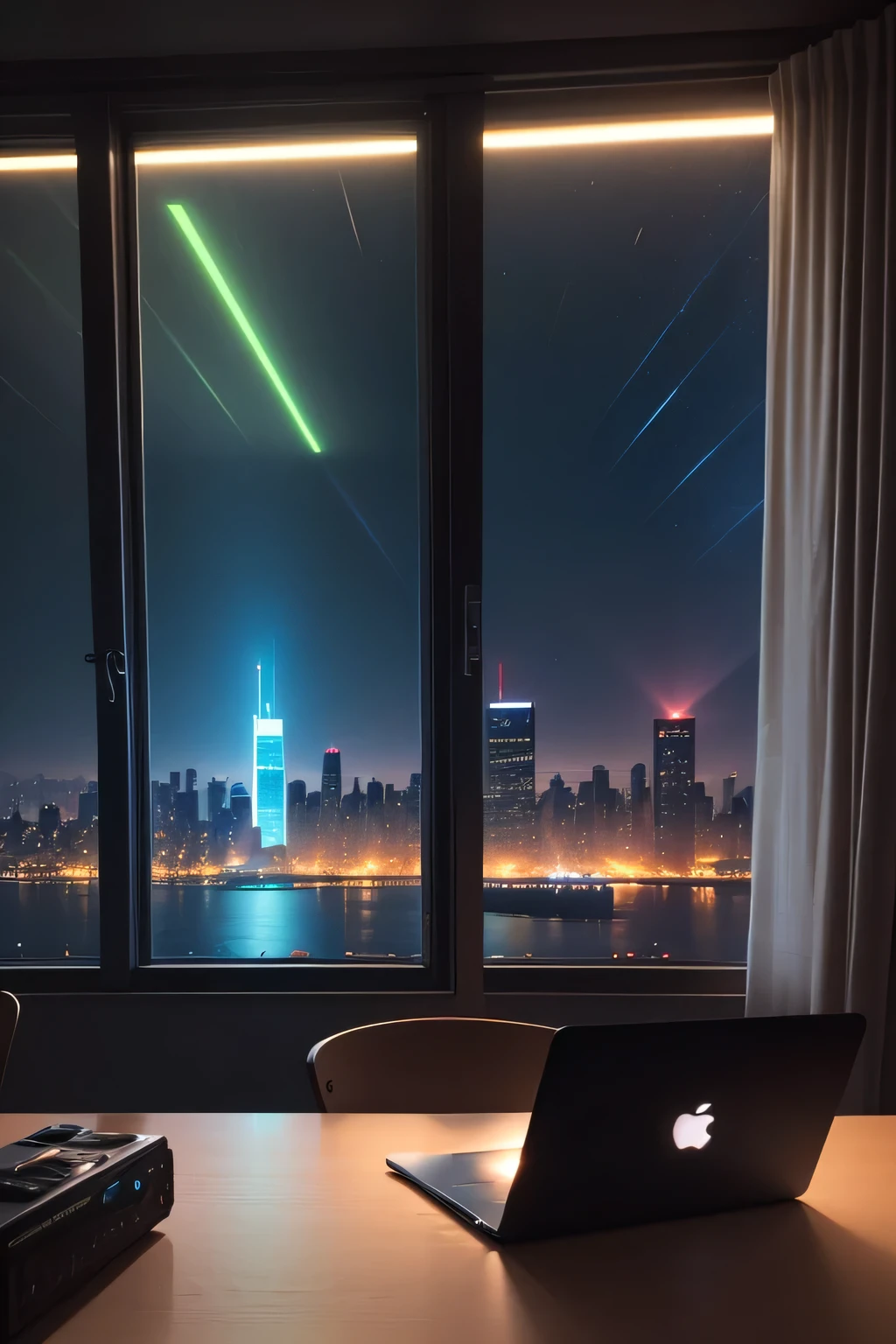 High-quality technological cyberpunk theme room, Large seamless windows feature city views, cyberpunk apartment, starrysky, Cyberpunk under neon lights, Spectacular views, There is a MacBook on the table