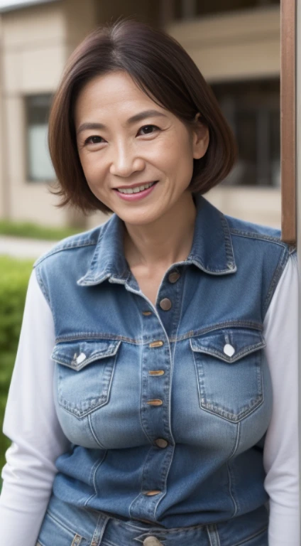 masutepiece, Best Quality, Photorealsitic, 4K, 日本人A MILF, (Solo), (((50 years old))), (Wrinkles at the corners of the eyes:1.5), (nasolabial folds:1.5), ((Large breasts)), (Saggy udder), A MILF, glamor, A sexy, Chromo-white skin, Wavy Shorthair, Looking at Viewer, (((my skin is old))), ((muscles are old)), Super large udder, TThe shirt, denim, ssmile, Public places,