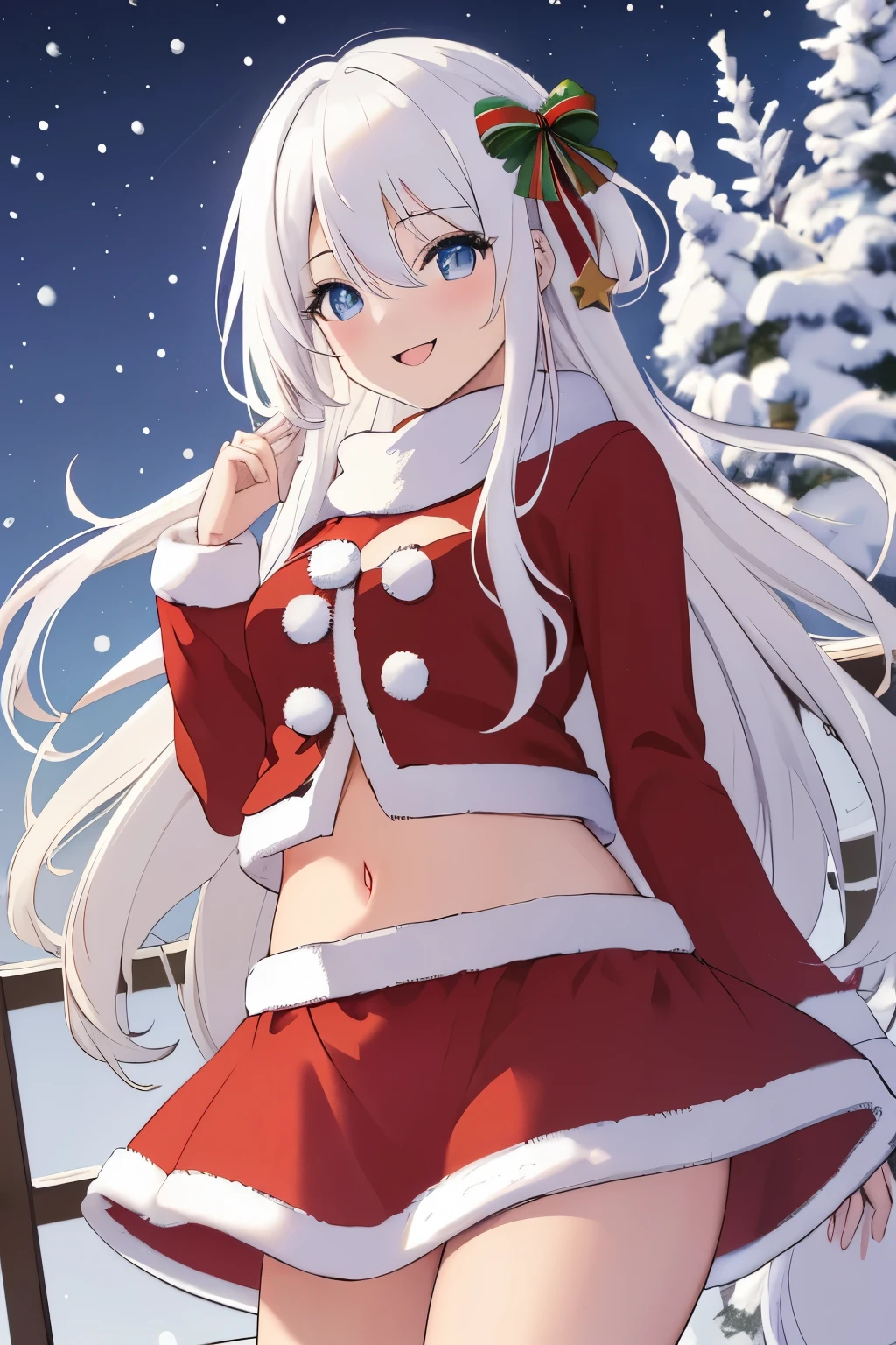 Chica anime, ((Masterpiece), top-quality, Top image quality, ((((solo)))), ((((white hair)))), long hair, Beautiful blue eyes, Shining eyes, dye one's cheeks red, smile, teens girl, 18yo, cute, Santa Claus costume,  midriff peek, mini skirt, snowflakes falling, Heavy snow falls, snowman, A world where snow piles up, Christmas tree, 8k