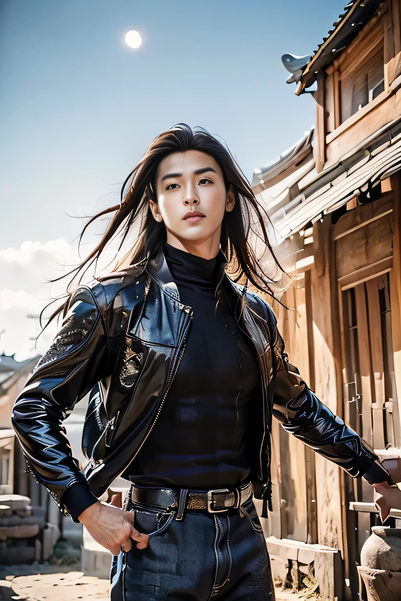 A 21-year-old Asian man,Thick eyebrows, handsome face,Men's full body ,the background is an ancient Chinese town,Time is night。Deep blue sky,A full moon,Pavilions and arch bridges,The limbs have pronounced muscle lines,high-definition photography,Real-world scenarios,Lots of detail, wearing black leather jacket, black jeans, black turtleneck shirt, magic, ((messy long hair)), looking at viewer, devilish gaze at viewer